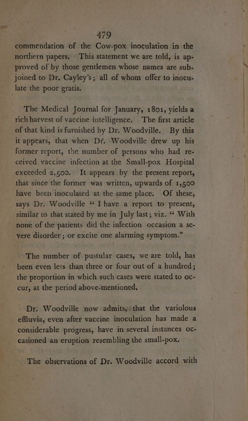 commendation of the Cow-pox inoculation in the northern papers. This statement we are told, is ap- proved of by those gentlemen whose names are sub- joined to Dr. Cayley’s; all of whom offer to inocu- The Medical Journal for January, 1801, yields a rich harvest of vaccine intelligence. The first article of that kind is furnished by Dr. Woodville. By this it appears, that when Dr. Woodville drew up his former report, the number of persons who had re- ceived vaccine infection at the Small-pox Hospital exceeded 2,500. It appears by the present report, that since the former was written, upwards of 1,500 have been inoculated at the same place. Of these, says Dr. Woodville “« I have a report to present, similar to that stated by me in July last; viz. ** With none of the patients did the infection occasion a se- vere disorder ; or excite one alarming symptom.” The number of pustular cases, we are told, has been even less than three or four out of a hundred; the proportion in which. such cases were stated to oc- cur, at the period above-mentioned, ‘Dr: Woodville now admits, sthat the variolous effluvia, even after vaccine inoculation has made a considerable progress, have in several instances oc- casioned an eruption resembling the small-pox. The observations of Dr. Woodville accord with