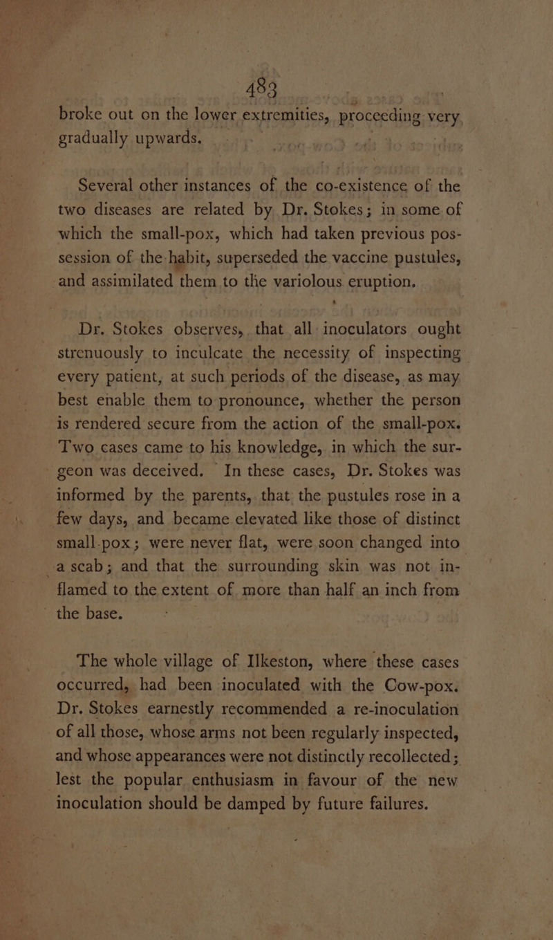 broke out on the lower extremities, proceeding very, gradually upwards. Several other instances of the co-existence of the two diseases are related by Dr. Stokes; in some of which the small-pox, which had taken previous pos- session of the habit, superseded the vaccine pustules, and assimilated them to the variolous eruption. Dr. Stokes observes, that all inoculators ought strenuously to inculcate the necessity of inspecting every patient, at such periods of the disease, as may best enable them to pronounce, whether the person is rendered secure from the action of the small-pox. Two cases came to his knowledge, in which the sur- -geon was deceived. In these cases, Dr. Stokes was informed by the parents, that the pustules rose in a few days, and became elevated like those of distinct small.pox; were never flat, were soon changed into -ascab; and that the surrounding skin was not in- flamed to the extent of more than half an inch from _ the base. | The whole village of Ilkeston, where these cases occurred, had been inoculated with the Cow-pox. Dr. Stokes earnestly recommended a re-inoculation of all those, whose arms not been regularly inspected, and whose appearances were not distinctly recollected; lest the popular enthusiasm in favour of the new inoculation should be damped by future failures.