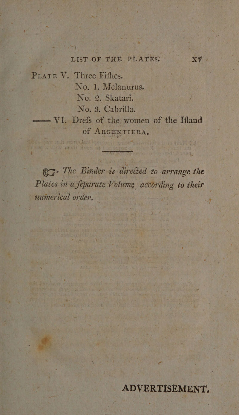 i  NS \ 4 “LIsT OF THE PLATES? XV Prate V. Three Fithes. No. 1. Melanurus. No. 2. Skatari. No. 3. Cabrilla. | —— VI. Drefs of the women of the Ifland Of ARGENTIERA, ‘ ¥ ~ a= The Binder is dire@ed to arrange the Plates in a feparaie Volume according to their numerical order, ae ADVERTISEMENT.