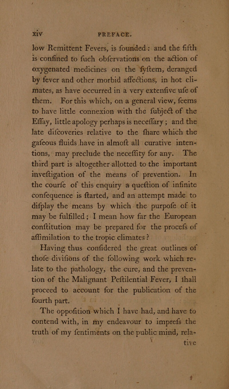 low Remittent Fevers, is founded: and the fifth is confined to fuch obfervations on the action of oxygenated medicines on the fyftem, deranged by fever and other morbid affections, in hot cli- mates, as have occurred in a very extenfive ufe of — them. Forthis which, on a general view, feems to have little connexion with the fubject of the Effay, little apology perhaps is neceffary ; and the late difcoveries relative to the fhare which the gafeous fluids have in almoft all curative inten= tions, may preclude the neceffity forany. The — third part is altogether allotted to the important inveftigation of the means of prevention. In — the courfe of this enquiry a queftion of infinite confequence is ftarted, and an attempt made to difplay the means by which the purpofe of it may be fulfilled; I mean how far the European conftitution may be prepared for the procets of affimilation to the tropic climates? , Having thus confidered the great outlines of thofe divifions of the following work which re- late to the pathology, the cure, and the preven- tion of the Malignant Peftilential Fever, I thall proceed to account for the publication of the fourth part. The oppofition which I have had, and have és , contend with, in my endeavour to imprefs the truth of my fentiments on the public mind, rela- \ tive