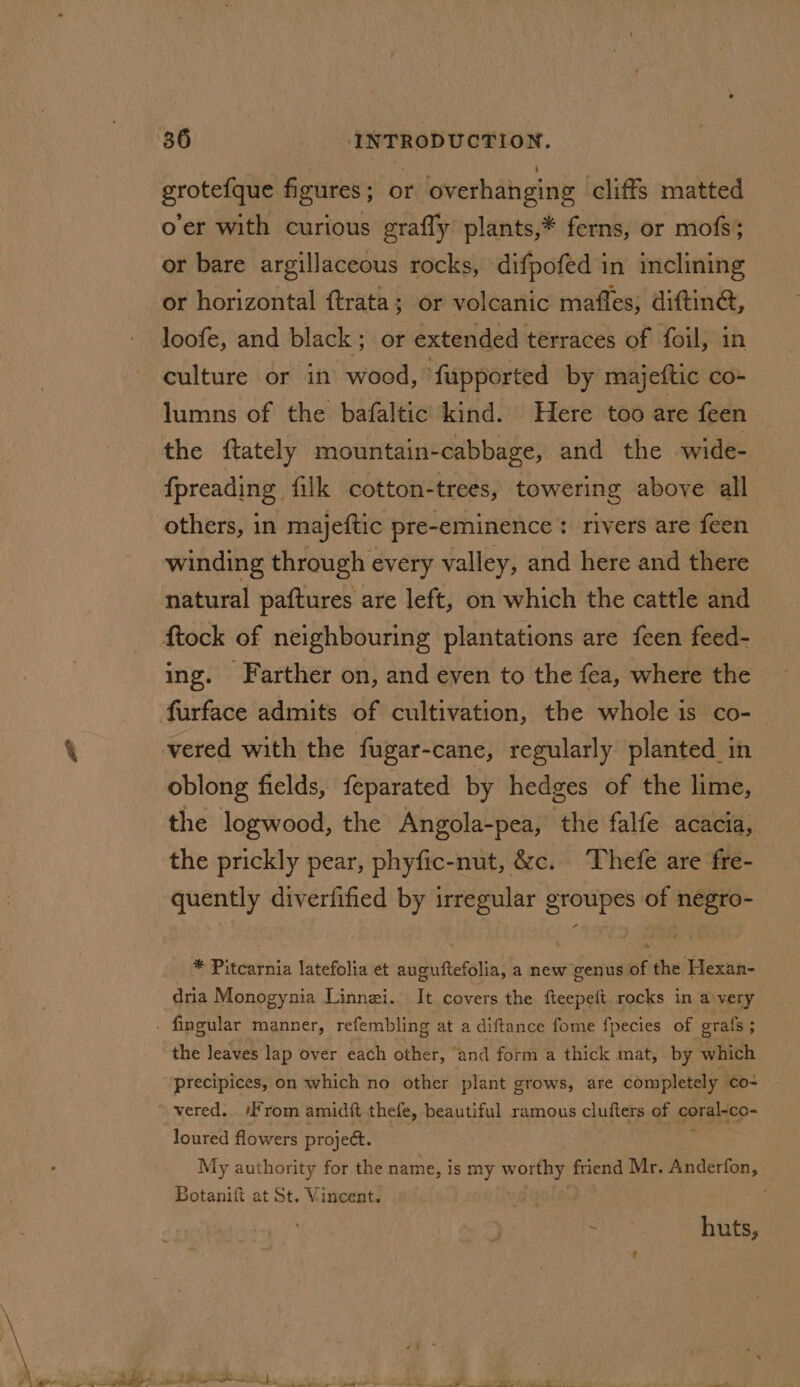 grotefque figures; or overhanging cliffs matted o’er with curious eraffy plants,* ferns, or mofs; or bare argillaceous rocks, difpofed in inclining or horizontal trata; or volcanic mafles; diftina, loofe, and black; or extended terraces of foil, in lumns of the bafaltic kind. Here too are feen the ftately mountain-cabbage, and the wide- fpreading filk cotton-trees, towering above all others, in majeftic pre-eminence + rivers are feen winding through every valley, and here and there natural paftures are left, on which the cattle and ing. Farther on, and even to the fea, where the vered with the fugar-cane, regularly planted in oblong fields, feparated by hedges of the lime, the logwood, the Angola-pea, the falfe acacia, the prickly pear, phyfic-nut, &amp;c. Thefe are fre-— quently diverfified by irregular groupes of negro- * Pitcarnia latefolia et auguftefolia, a new genus of the Hexan- dria Monogynia Linnei.. It covers the fteepeft. rocks in a very the leaves lap over each other, ‘and form a thick mat, by which ‘precipices, on which no other plant grows, are completely co- vered.. rom amidift thefe, beautiful ramous clufters of coral-co- loured flowers project. My authority for the name, is my worthy friend Mr. Anderfon, | Botanift at St. Vincent. ~ huts,