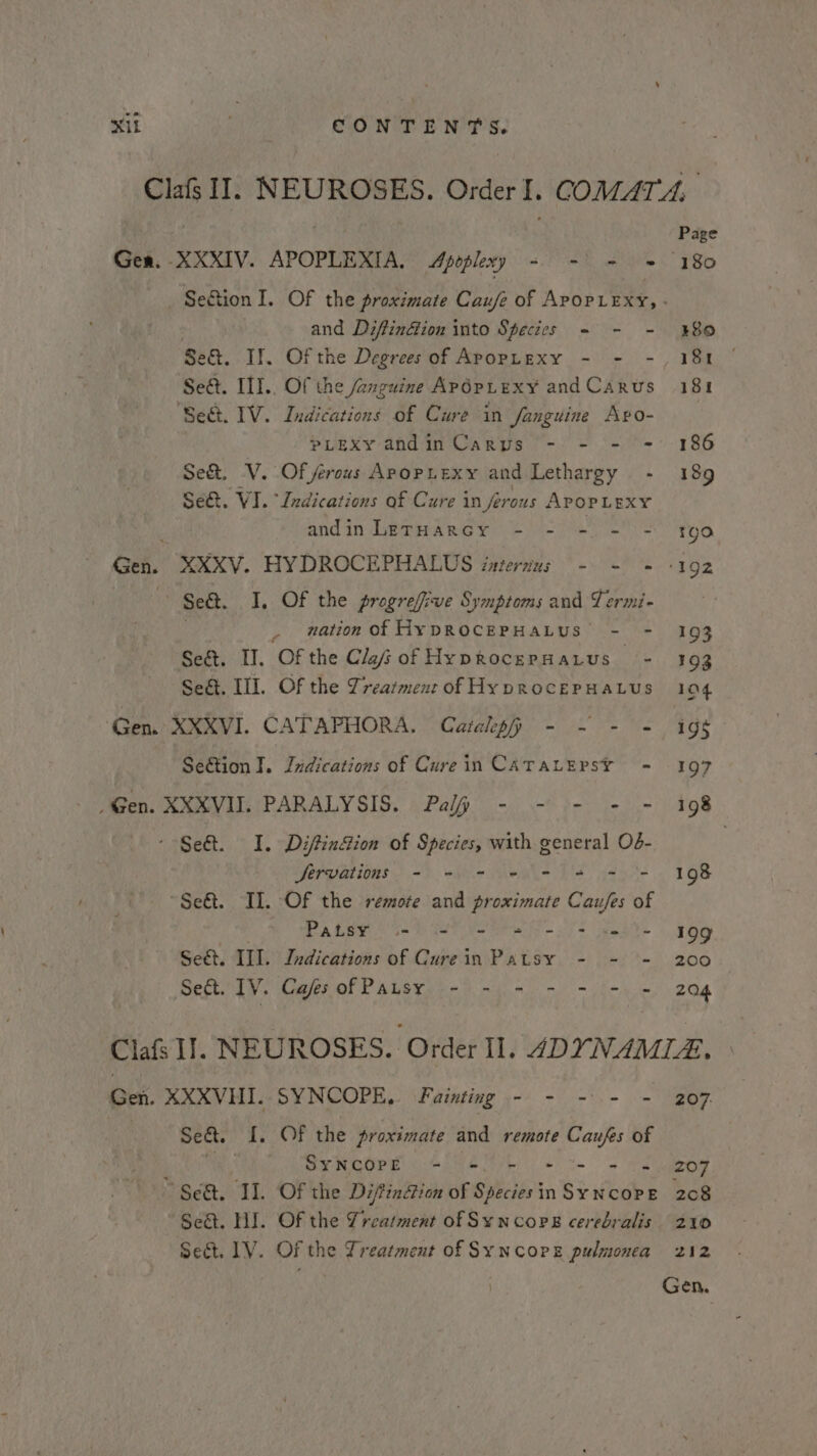 Gea. XXXIV. APOPLEXIA, Apoplexy = = = » and Diffinion into Species - - - Se&amp;. If. Of the Degrees of ApopLexy - - - Se&amp;. III. Of the fanguine ApOpLexy and Carus ‘Beat. IV. Indications of Cure in fanguine Avo- pLExy andin Carus - - - = Se&amp;. V. Of frous APOPLEXY and Lethargy - Se&amp;t. WI. Indications of Cure in ferous APOPLEXY and in LetuHaArey 202092 5 Se&amp;. I, Of the progrefive Symptoms and Lermi- _ nation of HypROCEPHALUS - - Seét. II, Of the Clef of HyprocerHatus - Se. Ill. Of the Treatment of Hy pROoCEPHALUS ‘Gen. XXXVI. CATAPHORA. CartalepfP - - - - Se@tion I. Indications of Cure in CATALEPSY - Gen. KXKVIL PARALYSIS. (Pal - -* 3-. -.- - Seét. I. DiftinGion of Species, with general O4- Jervations = -- 2+ = 4 &lt;= = ~Se@. IL. Of the remote and proximate Caufes of he 50 PAT Vo aes 27 2 | eas Set. IIL. Indications of Curein Patsy. - -)°- Sect. IV. CafesofPausy - - - - - - = Page 180 SO 181 181 186 189 199 200 204 Gen. AXXVHI. SYNCOPE, Fainting »-- - -.- - Se&amp;t. I. OF the proximate and remote Caufes of PYMCOPE Come ie te 5 ee Se&amp;. Il. Of the Diftin@ion of Species in S¥ NCOPE Seat. HI. Of the Yreatment of Syn core cerebralis sect. IV. OF the Treatment of Sy ncorE pulmonea 207. 207 2c8 210 212