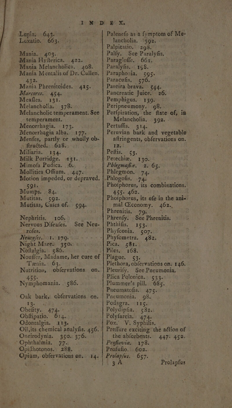 643. Lupia, Luxatio. otae Mania. 403. _ Mania Hyfterica. .422. Mania Melancholica. 408. ~ Mania Menialis of Dr. Cullen, 432+ Yai, Mania Phrenitoides. Marcores. 454. Meafles. 131. Melancholia. 378. Melancholic temperament. See temperament. Menorrhagia. 173. Menorrhagia alba., 177. Menfes, partly or wholly ob- - ftruéted.. 628. Miliaria. 134. Milk Porridge. 431. Mimofla Pudica. .6.. _; Mollities Offium. | 447. Motion impeded, or depraved. 415. 5 ots: Mumps. . Mutitas. aN : Matitas, Caies of. 594. Nephritis. 106. Nervous Difeafes. ~~. rofes. Neurofes.. 11. 179. Night Mare. 350. Noftalgia. 586. Nouffer, Miata ne; her cure of Tenia.» 63. Nutrition, obfervations See Neu- on. 455 : Nymphomania. . 586. . ‘Oak bark,: obfervations. on. TR. 3.8 Obefity.. 474. ' Obftipatio. 614. Odontalgia. 113. . Oil,its chemical analyfis. gb Oneirodynia. 350. 376. ‘Ophthalmia. 77... Opifthotonos.. 288. Opium, obfervations on. 14. Palenefs as a fymptom of Me- lancholia. “392. - 298. Palfy. See Paralyfis. Paragiofle. 661. Paralyfis, « 1¢8. Paraphoaia. 595. Paracufis. 576, Pareira brava. 544. Pancreatic Juice. 26. Pemphigus. 139. Peripneumony. 08. - Perfpiration, the ftate of, in Melancholia. . 392. Pertuflis. 314. Peruvian bark and vegetable’ aftringents, obfervations on. 12. | Peiss+ ¢3. {ePetechiz. 136. Phlegmafie. 2. 65. Phlegmon, ene its combinations. 755° Pa onofs its ufe in the ani- mal Ciconomy. 462., Phrenitis. 79. Phrenfy. See Phrenitis. Phthifis. 153. Phyfconia. 507. Phyfometra. 482. Pica. 581. Piles. 168. Plague. Plethora, obfervations on: 146. Pleurify. See Pneumonia, Plica Polonica.» 533. Plummer’s pill. 685. Pneumatofis.. 475. Paeumonia. 98. Podagra. 115, Polydipfia.. 581. Polyfarcia. 474. Pox.’ V. Syphilis. Preffure exciting” the action of the abforbents. 447: 452. Profluvia. 178. Profufio. 602. Prolapfus. 657. - ZA Prolapfus