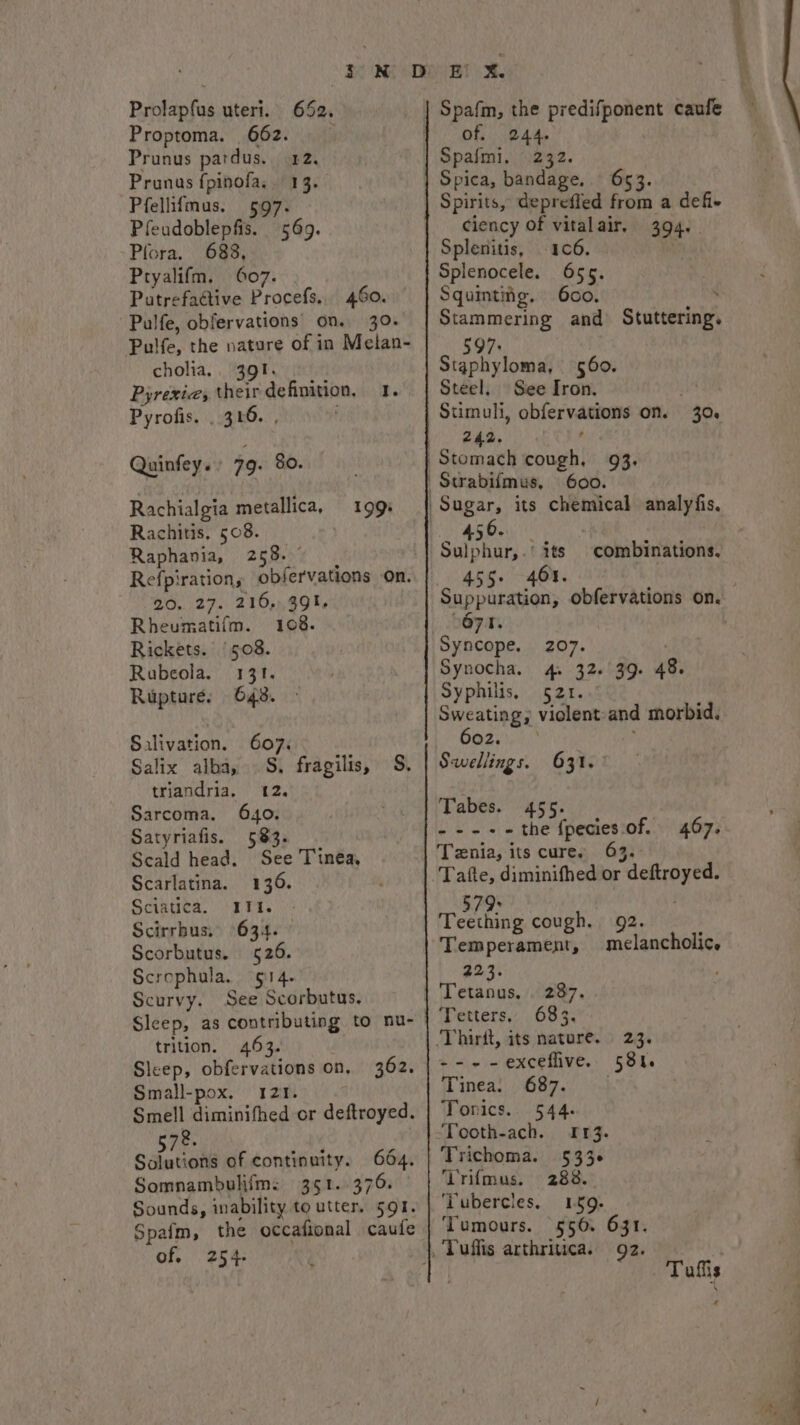 oN DOOR x. Prolapfus uteri. 652. Proptoma. 662. 9 — Prunus pardus. 42, Prunus fpinofa, 13. Pfellifmus, 597. Pfeudoblepfis. 569. Plora. 688, Pryalifm. 607. Putrefadtive Procefs.. 460. Pulfe, obfervations on. 30. Pulfe, the nature of in Melan- cholia., 391. Pyrexic, their definition. 1. of. 244. Spafmi, 232. Spica, bandage. 653. Spirits, deprefled from a defie ciency of vitalair, 394. . Splenitis, -106. . } Splenocele. 655. Squinting. 600. : Stammering and Stuttering. 597: Staphyloma, 560. Steel. See Iron. &lt;8 242. ' | Stomach cough, 93. | Surabifmus, 600. | Sugar, its chemical analyfis. Quinfey. 79. 80. Rachialgia metallica, 199% Rachitis, 508. Raphania, 258.9 | Refpiration, obfervations on. 90.27. 216,.99%. Rheumatifm. 108. Rickets. (508. Rubeola. 131. Rupture. 648. Sulphur,.' its combinations. 455. 464. 0671. Syncope. 207. Synocha. 4. 32. 39. 48. Syphilis, BRE the Sweating, viclent:and morbid. Salivation. 607. Dean ' Salix alba, S, fragilis, S$. | Swellings. 631. triandria, 12. Sarcoma. 640. Tabes. 455. Satyriafis. 583. ---+- the fpecies. of. 467. Scald head. See Tinea, | Tenia, its Cure. 63. Scarlatina. 136. Tafte, diminifhed or deftroyed. Sciatica, 311. 579: Scirrbus, 634. © Teething cough. 92. Scorbutus. 526. Temperament, melancholic. Scrophula. 914. 223. Scurvy. See Scorbutus. : Tetanus, 237. Sleep, as contributing to nu- letters, 683. trition. 463. ‘Thirit, its nature. 23. Sleep, obfervations on, 362. | ~~~ - excellive. 581. Small-pox. 121. Tinea. 687. Smell diminifhed or deftroyed. | Tonics. 544. 57. —|-Tooth-ach. 413. Solutions of continuity. 664. | Trichoma. 533+ Somnambulifm: 351. 376. Lrifmus. 288. Sounds, inability to utter. sgt. | ‘Lubercies, 159. Spaim, the occafional caufe ‘Tumours. 550. 631. of. 254. . Tuflis arthriuica. 92. § eee By Tullis pig teal