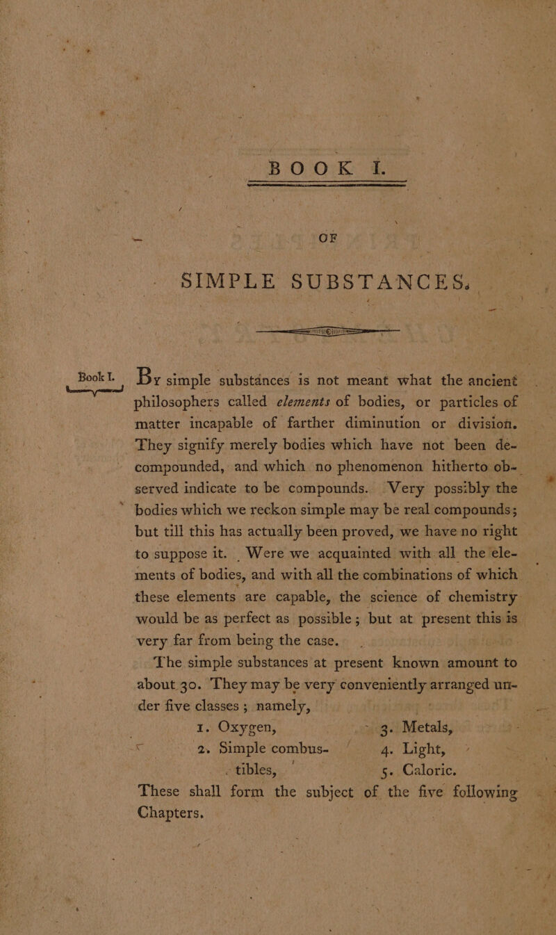 BO Oke SIMPLE SUBSTANCES, By simple substances is not meant what the ancient philosophers called elements of bodies, or particles of matter incapable of farther diminution or division. They signify merely bodies which have not been de- compounded, and which no phenomenon hitherto ob- served indicate to be compounds. Very possibly the bodies which we reckon simple may be real compounds; to suppose it. _Were we acquainted with all the ele- ments of bodies, and with all the combinations of which these elements are capable, the science of chemistry would be as perfect as possible ; but at present this is very far from being the case. fs: The simple substances at present known amount to about 30. They may be very conveniently arranged un- der five classes ; namely, : | &gt; th Oxygen, i Metals, re 2. Simple combus- “ 4. Light, -tibles, / 5. Caloric. These shall form the subject of the five following — Chapters. :