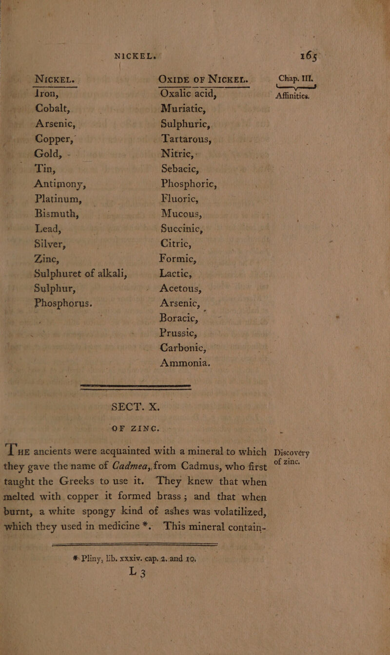 | NICKEL. | Oxipe or NICKEL. \dron, : ‘Oxalicacid, Cobalt, . ! Muriatic, Arsenic, Sulphuric, _ Copper, Tartarous, Gold, - - | Nitric, : Tin, iy Sebacic, Antimony, _Phosphorie, Platinum, . Fluoric, Bismuth, Mucous, Lead, 34) Succinic,. Silver, | Citric, Zinc, Formic, Sulphuret of alkali, Lactic, Sulphur, . Acetous, Phosphorus. Arsenic, 5; Boracic, — $24 ; Prussic, Carbonic, Ammonia. SECT. X. OF ZING... - ‘Tue ancients were acquainted with a mineral to which they gave the name of Cadmea, from Cadmus, who first taught the Greeks to use it. They knew that when melted with copper it formed brass; and that when burnt, a white spongy kind of ashes was volatilized, which they used in medicine *. This mineral contain- * Pliny, lib. xxiv. cap. 2..and 10, 13 Affinities. Discovery of zinc.