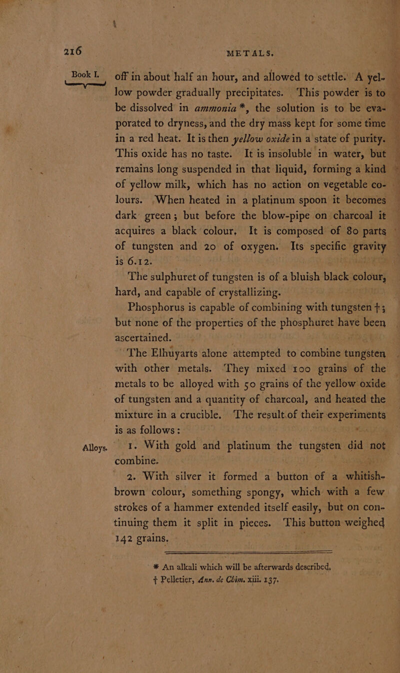 = off in about half an hour, and allowed to settle. A yel- low powder gradually precipitates. This powder is to — be dissolved in ammonia *, the solution is to be eva= — porated to dryness, and the dry mass kept for some time in a red heat. It isthen yelow owide in a state of purity. This oxide has no taste. It is insoluble in water, but — remains long suspended in that liquid, forming a kind ~ of yellow milk, which has no action on vegetable co- — lours. -When heated in a platinum spoon it becomes dark’ green; but before the blow-pipe on charcoal it acquires a black colour, It is composed of 80 parts of tungsten and 20 of oxygen. Its ape gravity is 6.12. pe ale The sulphuret of tungsten is of a bluish black colour hard, and capable of crystallizing. | Phosphorus is capable of combining with tungsten +; but none of the properties of the phosphuret pak been ascertained. 2 ae The Elhuyarts alone attempted to combine tungéten with other metals. They mixed 100 grains of the metals to be alloyed with 50 grains of the yellow oxide of tungsten and a quantity of charcoal, and heated the mixture in a crucible. The result.of their Bae a is as follows: : ) Rie SM combine. | . With silver it formed a Biden! ofa hitch sie colour, something spongy, which with a few strokes of a hammer extended itself easily, but on con- tinuing them it split in pieces. This button weighed — 142 grains. ‘ i * An alkali which will be afterwards described,