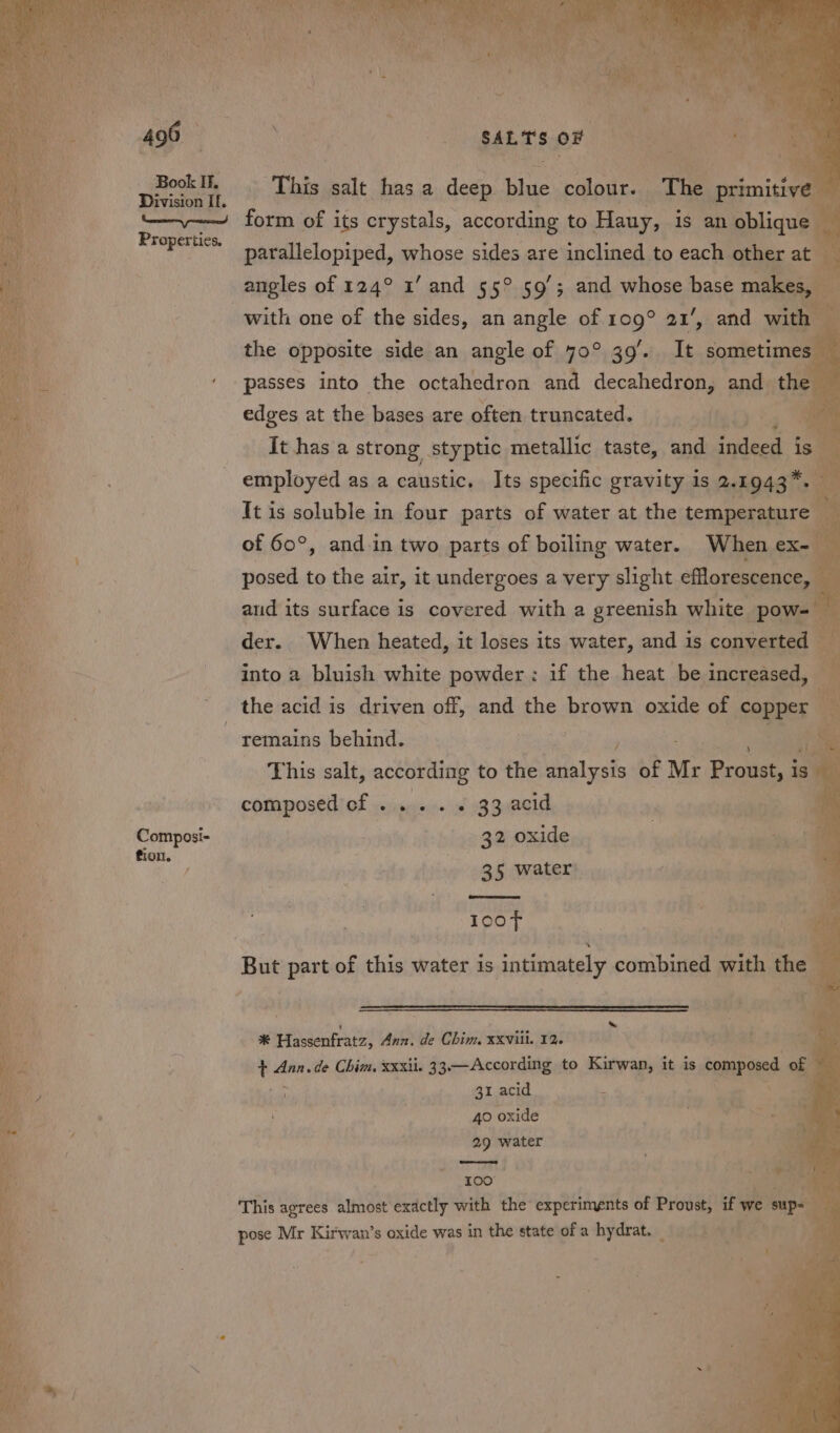 Book I. 1 Bata This salt has a deep sige colour. The pamitre aah cag fon of its crystals, according to Hauy, is an oblique ar wie parallelopiped, whose sides are inclined to each other at | angles of 124° 1’ and 55° 59’; and whose base makes, with one of the sides, an angle of 109° 21’, and BS : the opposite side an angle of 70° 39’. It sometimes — ‘passes into the octahedron and decahedron, and the edges at the bases are often truncated. | It has a strong styptic metallic taste, and BPR: is employed as a caustic. Its specific gravity is 2. 1943. It is soluble in four parts of water at the temperature of 60°, and in two parts of boiling water. When ex- ‘ posed to the air, it undergoes a very slight efflorescence, aud its surface is covered with a greenish white /pow- der. When heated, it loses its water, and is converted — fi into a bluish white powder: if the heat be increased, the acid is driven off, and the brown oxide of CORRES ' 2 remains behind. 1a ‘ : ie This salt, according to the Utes yes of Mr Prout 4 is © composed cf .... . 33 acid Composi- 32 oxide fion. ‘ / | 35 water 100fF But part of this water is intimately combined with the — . fahey ‘ # Tassenfratz, Ann, de Chim, xxvii. 12. pas Se + Bite Chim. xxxii. 33.—According to Kirwan, it is is composed of ae 31 acid. ‘ . 40 oxide 29 water 100 This agrees almost exactly with the experiments of Proust, if we op pose Mr Kirwan’ s oxide was in the state ofa hydrat. be f