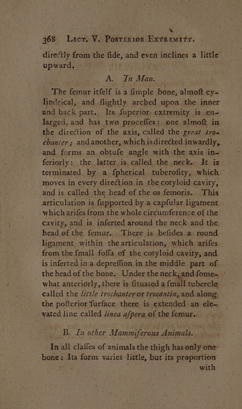| ù 368 Lecr. V. Posrerior Extremity. directly from the fide, and even inclines a little upward. | | A. In Man. _ The femur itfelf is a imple bone, almoft cy- lindrical, and flightly arched upon the inner and back part.. Its. fuperior, extremity is en- larged, and has two procefles: one almoft in the direction of the axis, called the great tro chanter: and another, which is directed inwardly, and forms an obtufe angle with the axis in~ feriorly: the latter is called the neck. It is terminated by a fpherical tuberofity, which moves in every direction in the cotyloid cavity, _ and is called the head of the os femoris. This articulation is fupported by a capfular ligament which arifes from the whole circumference of the cavity, and is inferted around the neck and the head of the femur... There is befides a. round ligament within the articulation, which arifes from the {mall foffa of the cotyloid cavity, and is inferted in a depreffion in the middle part of. the head of the bone. Under the neck, and-fome- : what anteriorly, there is fituated a {mall tubercle called the /zttle trochanter or trocantin, and along, the pofterior furface there is extended an ele-. _ vated line called /ixea a/pera of the femur. _ B. In other Mammiferous Animals. . In all claffes of animals the thigh has only one’ bone : Its form varies little, but its proportion | with