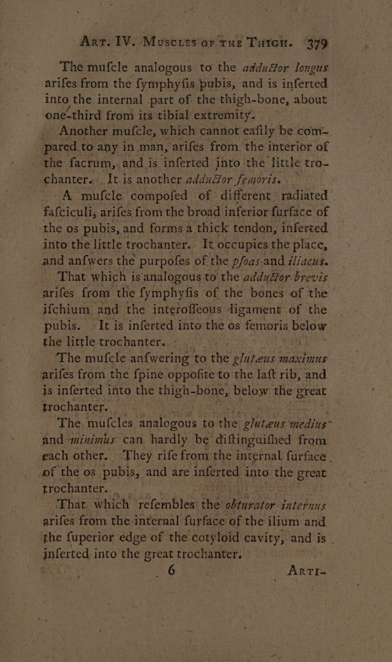 The mufcle analogous to the adduGor longus arifes from the fymphyfs pubis, and is inferted into the internal part of. the thigh-bone, about © one-third from its tibial extremity. | Another mufcle, which cannot eafily be com- pared to any in man, arifes from the interior of the facrum, and is inferted into the little tro- chanter... It is another adduZor femoris. A mufcle compofed of different radiated fafciculi, arifes from the broad inferior furface of the os pubis, and forms a thick tendon, inferted into the little trochanter. It occupies the place, and anfwers the purpofes of the pfoas and iliacus. That which i is analogous to the addufor brevis arifes from the fymphyfis of the bones of the ifchium and the interoffeous digament of the pubis. It is inferted into the os femoris dd the little trochanter. : — ! The mufcle anfwering to the gluteus : maximus arifes from the {pine oppofite to the laft rib, and is inferted into the thigh- bone, below the great trochanter. | | a The mufcles analogous to se gluteus medius- and minimus can hardly be diftinguifhed from each other. ‘They rife from the internal furface . of the os pubis, and are inferted into the great trochanter. : | That which refembles eds or intetuns arifes from the internal furface of the ilium and the fuperior edge of the cotyloid cavity, and i Is . | inferted into the great trochanter. | 6 PARU: ARTI- >