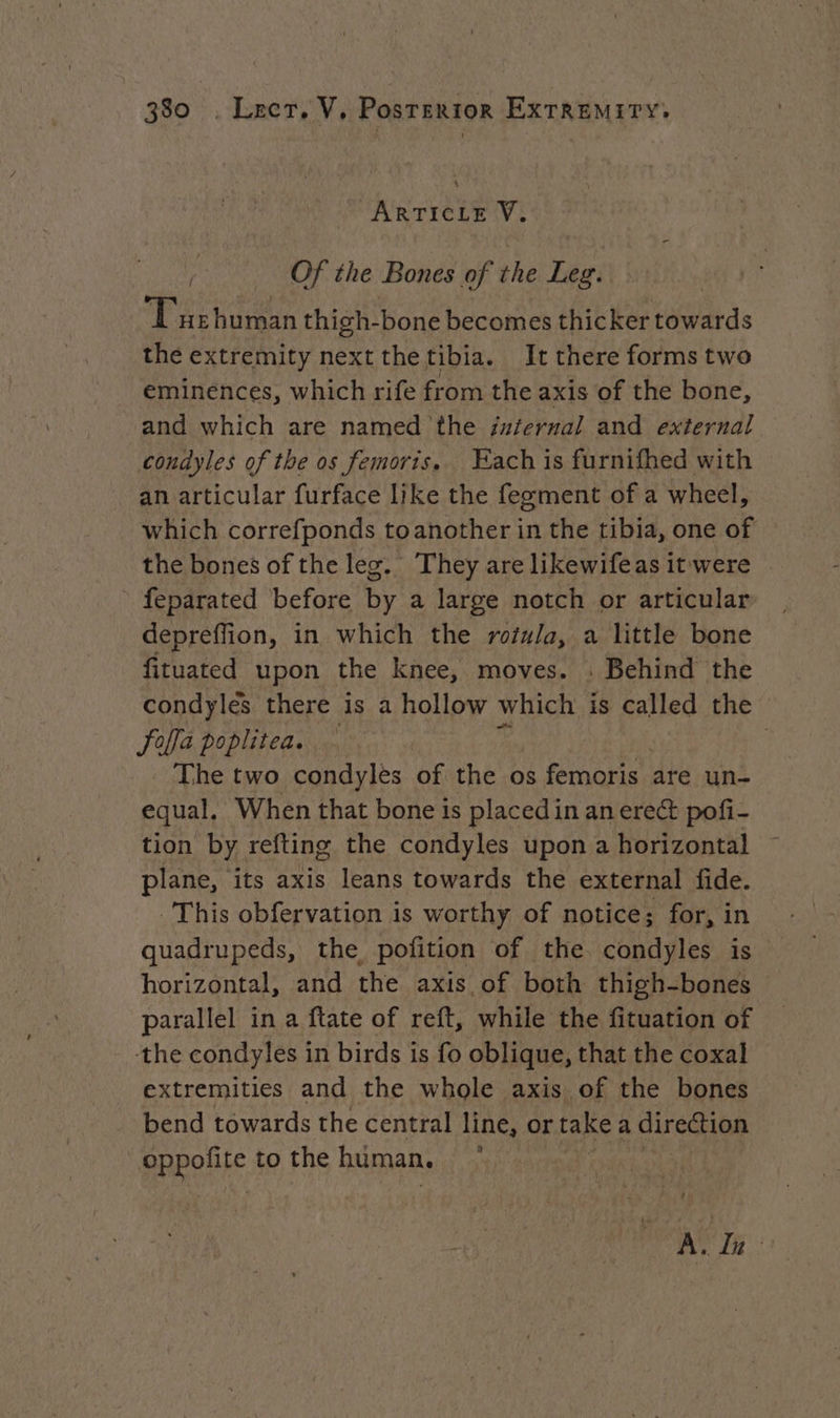 ARTICLE V. , Ofthe Bones of the Leg. Tus human thigh-bone becomes thicker towards the extremity next thetibia. It there forms two eminences, which rife from the axis of the bone, and which are named the frfernal and external condyles of the os femoris. Each is furnifhed with an articular furface like the feoment of a wheel, which correfponds toanother in the tibia, one of the bones of the leg. They are likewifeas it were feparated before by a large notch or articular depreffion, in which the rotula, a little bone fituated upon the knee, moves. : Behind the condyles there is a hollow which is called the folla poplitea. | The two condyles of the os femoris are un- equal, When that bone is placed in an erect pofi- tion by refting the condyles upon a horizontal plane, its axis leans towards the external fide. : This obfervation is worthy of notice; for, in quadrupeds, the, pofition of the condyles is horizontal, and the axis of both thigh-bones parallel in a ftate of reft, while the fituation of the condyles in birds is fo oblique, that the coxal extremities and the whole axis of the bones bend towards the central line, or take a direction | papente to the human. A :