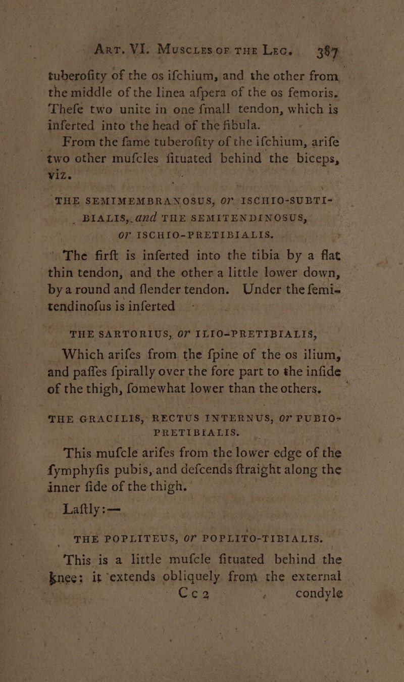 tuberofity of the os ifchium, and the other from, | the middle of the linea afpera of the os femoris. Thefe two unite in one fmall tendon, which is inferted into the head of the fibula. From the fame tuberofity of the ifchium, arife two other mufcles fituated behind the ea a viz. re a ‘THE SEMIMEMBRANOSUS, or ISCHIO- -SUBTI= _ BIALIS,. and THE SEMITENDINOSUS, or ISCHIO-PRETIBIALIS. The firft is inferted into the tibia “4 a flat thin tendon, and the other a little lower down, by a round and flender tendon. Under the femi- tendinofus i is inferted | THE SARTORIUS, or ILIO- PRETIBIALIS, Which arifes from, the {pine of the os ilium, and paffes fpirally over the fore part to the infide of the thigh, fomem nee lower than the others, PRETIBIALIS. This mufcle arifes from the lower edge of the | fymphyfis pubis, and defcends ftraight along ie | inner fide of the thigh. Laftly:—. THE POPLITEUS, OT POPLITO-TIBIALIS This is a little mufcle fituated behind the + knees it ‘extends obliquely from the external . | Cea ts . condyle