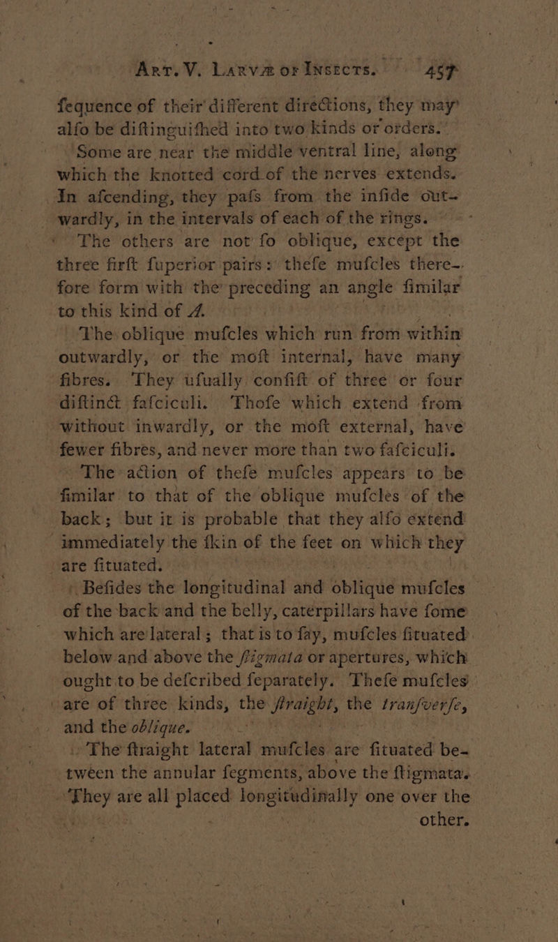 fequence of their different directions, they may’ alfo be diftinguifhed into two kinds or orders. Some are near the middle ventral line, along which the knotted cord of the nerves extends. In afcending, they pafs from the infide out- . wardly, in the intervals of each of the rings. The others are not fo oblique, except the three firft fuperior pairs: thefe mufcles there-. fore form with the’ preceding an angle fimilar to this kind of 4 The oblique mufcles which run from within outwardly, or the moft internal, have many fibres. ‘They üufually confift of threé or four diftinct fafciculi. ‘Thofe which extend from without inwardly, or the moft external, have fewer fibres, and never more than two fafciculi. Ee Len of thefe mufcles appears to be fimilar to that of the oblique mufcles of the back; but it is probable that they alfo extend immediately the fkin of the feet on which Mars are fituated. + Béfides the longitudinal and Spied mufcles — at the back and the belly, caterpillars have fome which are lateral; that is to fay, mufcles fituated below and above the /figmata or apertures, which ought to be defcribed feparately. Thefe mufcles ‘are of three kinds, the Bedi dl the fran/ver/e, and the oblique. : The ftraight lateral mufcles are Reel be- tween: the annular fegments, above the ftigmata. ue are all re we one over the other.