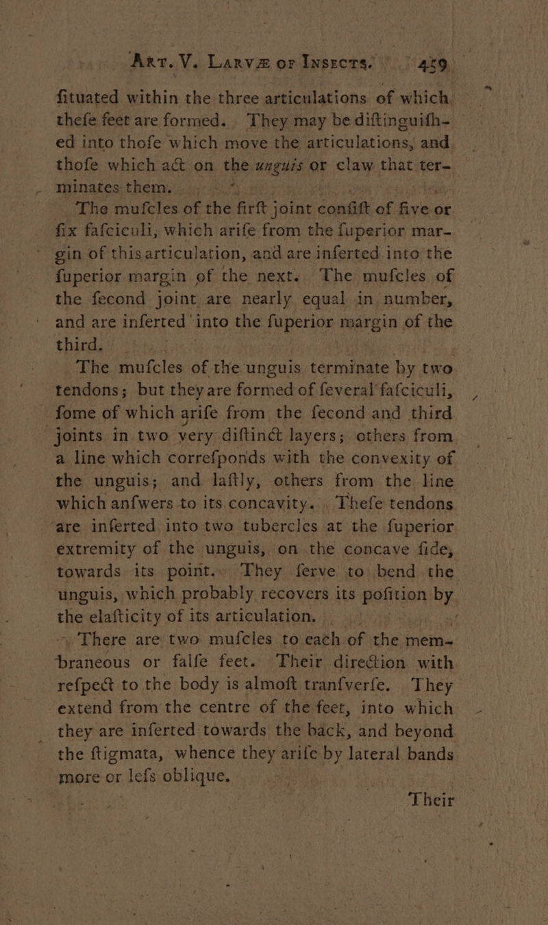 fituated within the three articulations of which. thefe feet are formed. . They may be diftinguifh- ed into thofe which move the articulations, and thofe which act on the ene or claw that ter- minates them... | The mufcles of the Hate cons of St or fix fafciculi, which arife from the fuperior mar- gin of this articulation, and are inferted into the fuperior margin of the next. The mufcles of the fecond joint are nearly equal in number, and are inferted into the el margin of the third The mufcles of the unguis terminate by two : tendons; but they are formed of feveral fafciculi, fome of which arife from the fecond and third joints in two very diftinct layers; others from a line which correfponds with the convexity of the unguis; and laftly, others from the line which anfwers to its concavity. . Thefe tendons ‘are inferted into two tubercles at the fuperior extremity of the unguis, on the concave fide, towards its point.« They ferve to bend. the unguis, which probably recovers its Het des the elafticity of its articulation. . There are two mufcles to each of the mem Pre or falfe feet. Their direction with refpect to the body is almoft tranfverfe. They extend from the centre of the feet, into which they are inferted towards the tens, and beyond the ftigmata, whence they arife by lateral bands more or lefs oblique. | | Their