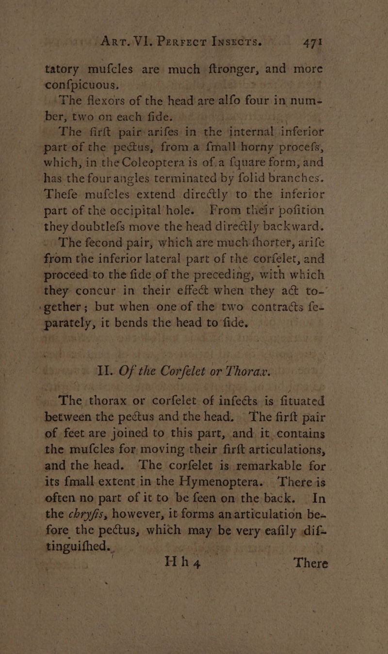 _ tatory mufcles are much Fienaer, and: more confpicuous, The flexors of the head are ats four in num= ber, two on each fide. The firft pair arifes in the internal inferior part of the pectus, from a fall horny procefs, which, in the Coleoptera is of,a fquare form, and “has the four angles terminated by folid branches. Thefe mufcles extend directly to the inferior part of the occipital hole. From their pofition they doubtlefs move the head dire@ly backward. The fecond pair, which are much ihorter, arife from the inferior lateral part of the corfelet, and proceed to the fide of the preceding, with which they concur in their effe&amp; when they a@ to ‘gether; but when one of the two contracts fe: parately, it bends the head to fide. Il. Of the Corfelet or Thorac. | The thorax or corfelet of infects is fituated between the peétus and the head. The firft pair of feet are joined to this part, and it contains the mufcles for moving their firft articulations, — and the head. The corfelet is remarkable for its fmall extent in the Hymenoptera. ‘There is often no part of it to be feen on the back. In the chry/is, however, it forms anarticulation be. fore the pectus, which may be very eafily dif singuithed. | H h ‘a | Peete: = There