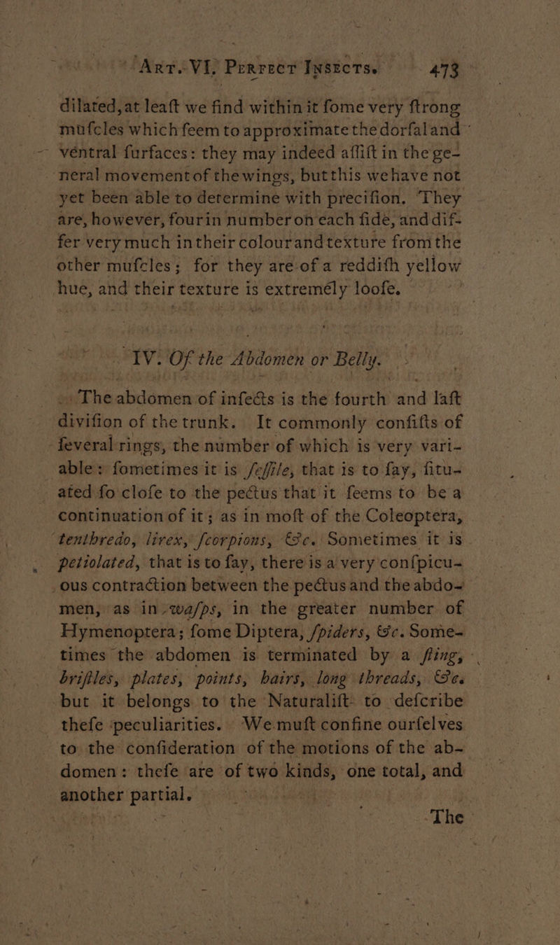 dilated, at leaft we find within it fome very ftrong müfcles which feem to approximate the dorfal and s yet been able to derermine with precifion, They are, however, fourin numberon each fide, and dif- fer very much intheir colourandtexture fromthe other mufcles; for they are of a reddifh yellow Iv. Of the Abäomen or Belly. Thé sure of infects is the Fotis ind laft Dako, of thetrunk. It commonly confifts of ated fo clofe to the pectus that it feems to be a continuation of it; as in moft of the Coleoptera, petiolated, that is to fay, there is a very confpicu- men, as in-wa/ps, in the greater number of Hymenoptera; fome Diptera, Spiders, Sc. Some- times the abdomen is terminated by a fling, -. brifiles, plates; points, hairs, long threads, Sc. thefe peculiarities. We muft confine ourfelves domen: thefe are of two aro one tated and mots ie +8
