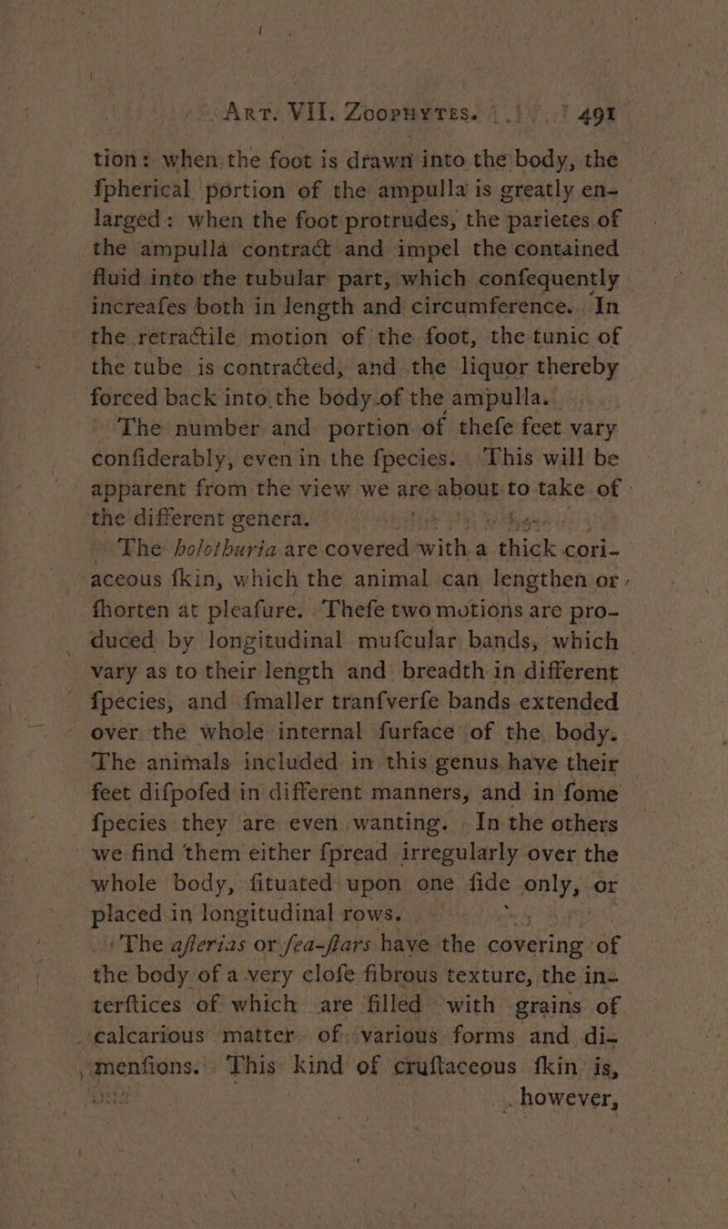 wee VII. ZooPnyxTes. LV: 498 tion: when:the foot is dent into the body, the fpherical portion of the ampulla is greatly en- larged : when the foot protrudes, the parietes of the ampulla contract and impel the contained fluid into the tubular part, which confequently increafes both in length and circumference. ‘In - the retractile motion of the foot, the tunic of the tube is contracted, and the liquor thereby forced back into the body.of the ampulla. The number and portion of thefe feet vary confiderably, even in the fpecies. This will be apparent from the view we are ao! to take of the different genera. | te The efi bat are covered vith a ait, cori- _-aceous fkin, which the animal can lengthen or, fhorten at pleafure. . Thefe two motions are pro- duced by longitudinal mufcular bands, which. vary as to their length and breadth in different fpecies, and fmaller tranfverfe bands extended over the whole internal furface of the, body. The animals included in this genus, have their feet difpofed in different manners, and in fome _ fpecies they are even wanting. In the others we find them either fpread irregularly over the whole body, fituated upon one ade on or placed in longitudinal rows. The aferias or fea-flars have the covering of the body of a very clofe fibrous texture, the in- terftices of which are filled with grains of _calcarious matter. of: various forms and di- ,menfions.. This kind of cruftaceous fkin is, ire | | _. however,