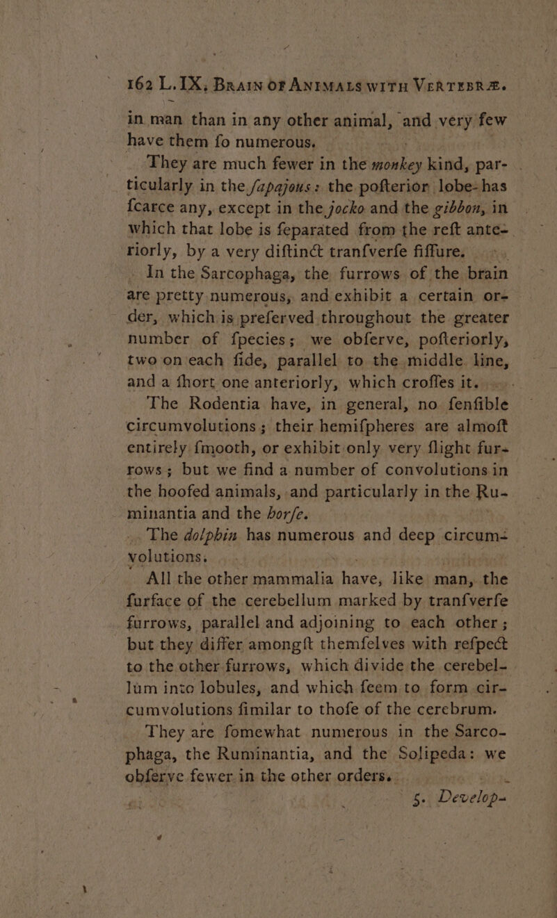 ~ in man than in any other animal, and very few have them fo numerous. They are much fewer in the le kind, par- . ticularly in the J'apajous : the pofterior lobe-has {carce any, except in the jocko and the gibbon, in which that lobe is feparated from the reft ante=. riorly, by a very diftinct tranfverfe fiffure. _ In the Sarcophaga, the furrows of the brain are pretty numerous, and exhibit a certain or- der, which is preferved throughout the greater number of fpecies; we obferve, pofteriorly, two on each fide, parallel to the middle. line, and a fhort one anteriorly, which croffes it... The Rodentia have, in general, no fenfible circumvolutions; their hemifpheres are almoft entirely {mooth, or exhibit only very flight fur rows; but we find a number of convolutions in the hoofed animals, and particularly in the Bis minantia and the hor/e. . The dolphin has numerous and io volutions. | All the other du AVE like man, the furface of the cerebellum marked by tranfverfe furrows, parallel and adjoining to each other; but they differ amongft themfelves with refpe@ to the other furrows, which divide the cerebel- . lum into lobules, and which feem to form cir- cumvolutions fimilar to thofe of the cerebrum. They are fomewhat numerous in the Sarco- phaga, the Ruminantia, and the Solipeda: we obferve.fewer. in the other orders... i cig | _$. Develop-