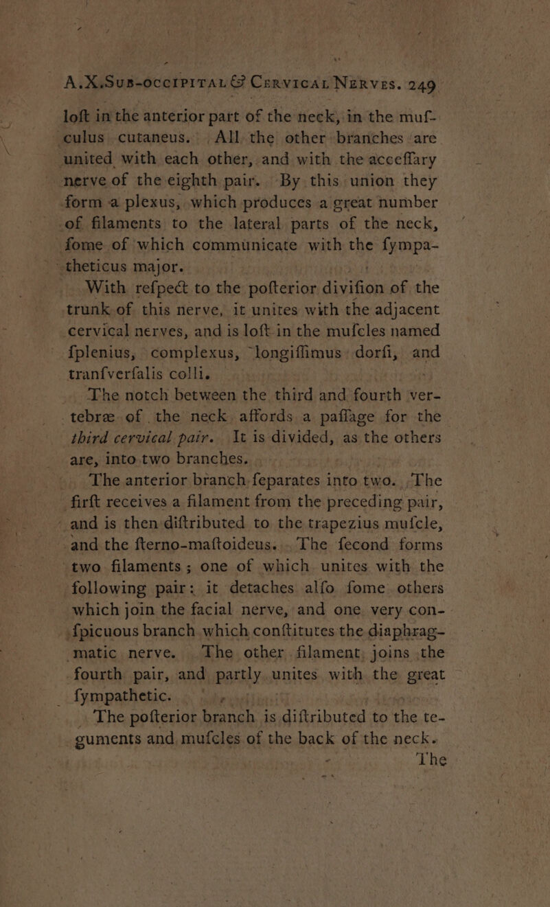 - A.X.Sus-occrprran &amp; Cervicar Nerves. 249 loft in the anterior part of the neck, in the muf- culus cutaneus. All the other branches ‘are united with each other, and with the acceffary nerve of the eighth pair. By this union they form a plexus, which produces a great number of filaments to the lateral parts of the neck, fome of which communicate with the ie dom With refpect to the pofterior sist of the trunk of this nerve, it unites with the adjacent cervical nerves, and is loft in the mufcles named fplenius, complexus, Ilongiffimus dorfi, and tranfverfalis colli. 1 The notch between the third and fourth ver- tebræ-of the neck affords a paflage for the third cervical pair. It is divided, as the others are, into two branches. | _ The anterior branch, feparates into two. The _firft receives a filament from the preceding pair, and is then diftributed to the trapezius mufcle, and the fterno-maftoideus... The fecond forms two filaments; one of which unites with the following pair: it detaches alfo fome others which join the facial nerve, and one very con-. _ fpicuous branch which conftitutes the diaphrag- matic nerve. The other filament, joins .the fourth pair, and partly. unites with the great fympathetic. |, The pofterior branch. is sdiftributed to the te- | guments and, mufcles of the back of the neck. ‘Lhe