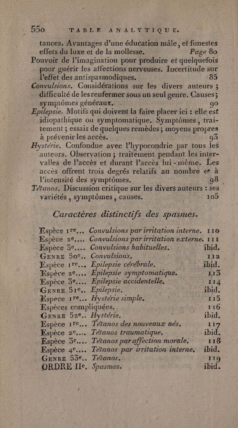 tances. Avantages d’une éducation mâle, et funestes effets du luxe et de la mollesse. Page 80 Pouvoir de l’imagination pour produire et quelquefois . pour guérir les affections nerveuses. Incertitude sur l’effet des antispasmodiques. 85 Convulsions. Considérations sur les divers auteurs ; difficulté de lesrenfermer sous un seul genre. Causes; sympiômes généraux, - 90 Epilepsie. Motifs qui doivent la fit placer ici : elle est idiopathique ou symptomatique. Symptômes, trai- tement ; essais de quelques remèdes ; moyens propres à prévenir les accès. : Hystérie. Confondue avec l’hypocondrie par tous les auteurs. Observation ; traitement pendant les inter- valles de l’accès et durant l'accès lui-même. Les accès offrent trois degrés relatifs au nombre et à l'intensité des symptômes. | 98 Tétanos. Discussion critique sur les divers auteurs : ses variétés , symptômes, causes. 109 Caractères distinctifs des spasmes. Espèce 1re.. . Convulsions par irritation interne. 110 Espèce TA Convulsions par trritation externe. 111 Espèce 3e... Convulsions habituelles. ibid. G£gnre 5o€ Convulsions. 112 Espèce ire... Epilepsie cérébrale. | ibid. Espèce 2e... Epilepsie symptomatique. 113 Espèce 3e... Epilepsie accidentelle. 114 Genre Die.. Epilepsie. ibid. Hspece 1re... Hystérie simple. | 115 Espèces compliquées. 116 GENRE D2e.. Hystérie, | ibid. Espèce ire... Tetanos des nouveaux nés. 117 Espèce 2°... Tétanos traumatique, ibid. Espèce 3e... Tétanos par affection morale. 118 Espèce 4°... Tétanos par trritation interne, ibid. Genre 53€e.. Tétanos. 119 ORDRE Ile. Spasmes. ibid.