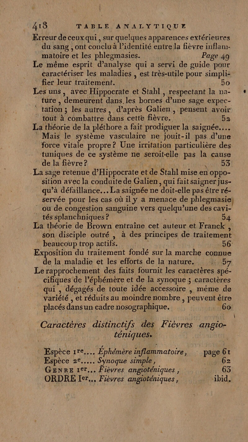 Erreur de ceuxqui, sur quelques apparences extérieures du sang , ont conclu à l'identité entre la fièvre inflam- matoire et les phlegmasies. Page 49 Le même esprit d’analyse qui a servi de guide : pour caractériser les maladies , est très-utile pour simpli- fier leur traitement. 5o Les uns, avec Hippocrate et Stahl , respectant la na- TUE, ‘demeurent dans. les bornes d’une sage expec- tation ; ; les autres, d’après Galien , pensent avoir tout à combattre dans cette fièvre. 52 La théorie de la pléthore a fait prodiguer la saignée.…. Mais le système vasculaire ne jouit-il pas d’une force vitale propre ? Une irritation particulière des tuniques de ce système ne seroit-elle pas la cause de la fièvre ? SN 2 La sage retenue d’Hippocrate et de Stahl mise en oppo- sition avec la conduite de Galien, qui fait saigner jus- qu’à défaillance... La saignée ne doit-elle pas être ré- servée pour les cas où ily a menace de phlegmasie ou de congestion sanguine vers quelqu’une des cavi- _ tés splanchniques ? RL La théorie de Brown entraîne cet auteur et Franck son disciple outré , à des principes de traitement beaucoup trop actifs. 56 Exposition du traitement fondé sur la marche connue de la maladie et les efforts de la nature. 3 97 Le rapprochement des faits fournit les caractères spé- _cifiques de l’éphémère et de la synoque ; caractères qui , dégagés de toute idée accessoire | même de variété , et réduits au moindre nombre, PSE être placés dans un cadre nosographique. 60 \ Caractères distinctifs des Fièvres angior téniques. Espèce 116. Éphémère inflammatoire y page67r Espèce 2°... Synoque simple , 62 GENRE 1€r... Fièvres angioténiques é _ 63 ORDRE His Fièvres angigieniques ) ibid,