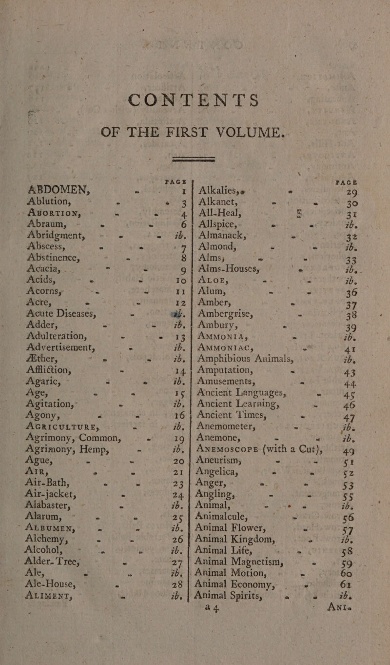 CONTENTS. OF THE FIRST VOLUME. PAGE ABDOMEN, Alkalies,« ® 29 Ablution, — . Alkanet, - RSG - ABORTION, - % All-Heal, % 31 Abraum, - Allspice, - at CPO h, Abridgment, ~ - Almanack, ee Se, 44°: Abscess, ‘ Almond, — te “Gb. Abstinence, Alms; ei Rit 33 Acacia, . $ Alms-Houses, rs ib. - Acids, Sh ALOE, * sy 5b. Acornsy “. Alum, bad es Nae 36 Wite, vs Amber, ° 37 Acute Diseases, Ambergrise, - rag Adder, = Ambury, &amp; 39 Adulteration, AMMONIA, t ib. Advertisement, AMMONIAC, ~* 41 Z&amp;ther, — he ae, Amphibious eet ib. Affliction, - Amputation, 3 43 Agaric, . Amusements, «= 4.4. Age, = Ancient Languages, ‘ 45 Agitation,’ . Ancient Learning, £ 46 Agony, “ Ancient Times, . ° 47 AGRICULTURE, Anemometer, — Payee ibe Agrimony, Common, | Anemone, - . ib. Agrimony, Hemp, _ AnemoscoPe (with a Cut), 49 Ague, . } Aneurism, - 2 SE AIR, in Angelica, 3 ‘bh 52 Air-Bath, « Anger, - ee i @ ase ge Air-jacket, Angling, a ni 55 Alabaster, - “ Animal, - ke ee ib. Alarum, - ts Animalcule, Pry gt: 56 - ALBUMEN, f 'b, | Animal Flower, | tt 57 Alchemy, e Animal Kingdom, - id. Pacohales 22)“. Animal Life, oe 58 | | Alder. Tree, Animal Magnetism, - 59° Ale, a Animal Motion, . ee ES, Ale-House, ~ “4 Animal Economy, . = - 61 ALIMENT, va ib, | Animal Spirits, a $ ib. -
