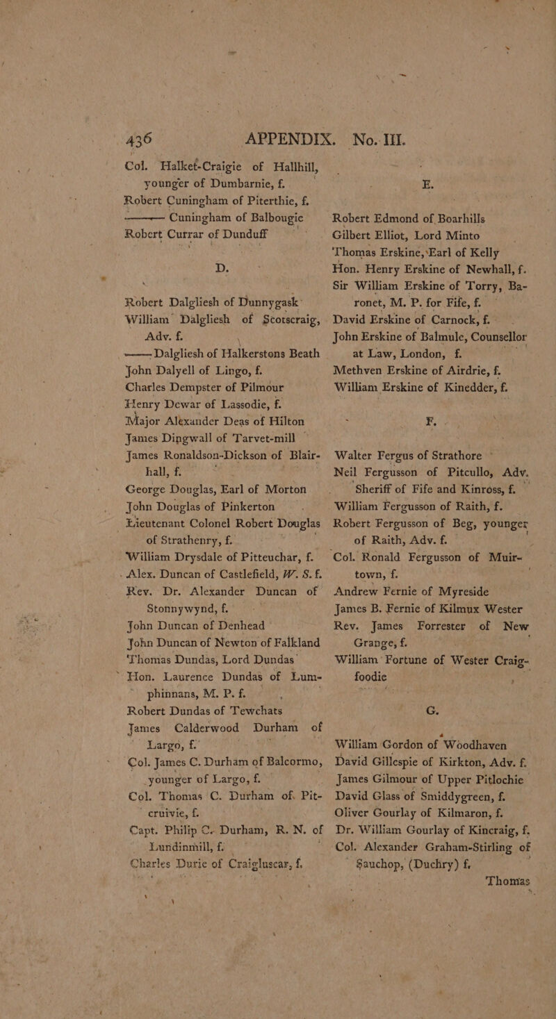 Col. Halket-Craigie of Hallhill, younger of Dumbarnie, f. Robert Cuningham of Piterthie, f. Cuningham of Balbougie Robert Currar of Dunduff D. Robert Dalgliesh of Dunnygask: William’ Dalgliesh of Scotscraig, Adv. f. - Dalgliesh of ilecabe Beath John Dalyell of Lingo, f. Charles Dempster of Pilmour Flenry Dewar of Lassodie, f. Major Alexander Deas of rise James Dingwall of ‘Tarvet-mill James Ronaldson-Dickson of Bhair- hall, f. George Douglas, Earl of Morton John Douglas of Pinkerton Lieutenant Colonel Robert Douglas : of Strathenry, f. William Drysdale of Pitteuchar, f. . Alex. Duncan of Castlefield, W. S.f. Rev. Dr. Alexander Duncan of Stonnywynd, f. | John Duncan of Denhead John Duncan of Newton of Falkland ‘Thomas Dundas, Lord Dundas’ ~ Hon. Laurence Dundas of Lum- phinnans, M. P. f. . Robert Dundas of Tewchats Calderwood Dur ham of Largo, f.’ . Col. James C, Durham of Balcormo, James younger of Largo, f, Col. Thomas C. Durham of. Pit- _cruivie, £ Capt. Philip C. Durham, R. N. of Lundinmill, f. | Charles Durie of Craicluscar, 4 E. Robert Edmond of Boarhills Gilbert Elliot, Lord Minto ‘Thomas Erskine, Earl of Kelly Hon. Henry Erskine of Newhall, f. Sir William Erskine of Torry, Ba- ronet, M. Pp. for Fife, f. David Erskine of Carnock, f. John Erskine of Balmule, Counsellor at Law, London, f. Methven Erskine of Airdrie, f. William Erskine of Kinedder, £ Fi Walter Fergus of Strathore © Neil Fergusson of Pitcullo, Adv. ‘Sheriff of Fife and Kinross, f. Robert Fergusson of Beg, younger of Raith, Adv. f. — town, f. Andrew Fernie of Myreside James B. Fernie of Kilmux Wester Rev. James Forrester of New Grange, f. William Fortune of Wester Craig- foodie . ? G. William Gordon of “Woodhaven David Gillespie of Kirkton, Adv. f. James Gilmour of Upper Pitlochie | David Glass of Smiddygreen, ff Oliver Gourlay of Kilmaron, f. Dr. William Gourlay of Kincraig, f. Col. Alexander Graham-Stirling of phan ls (Duchry) f. Thomas