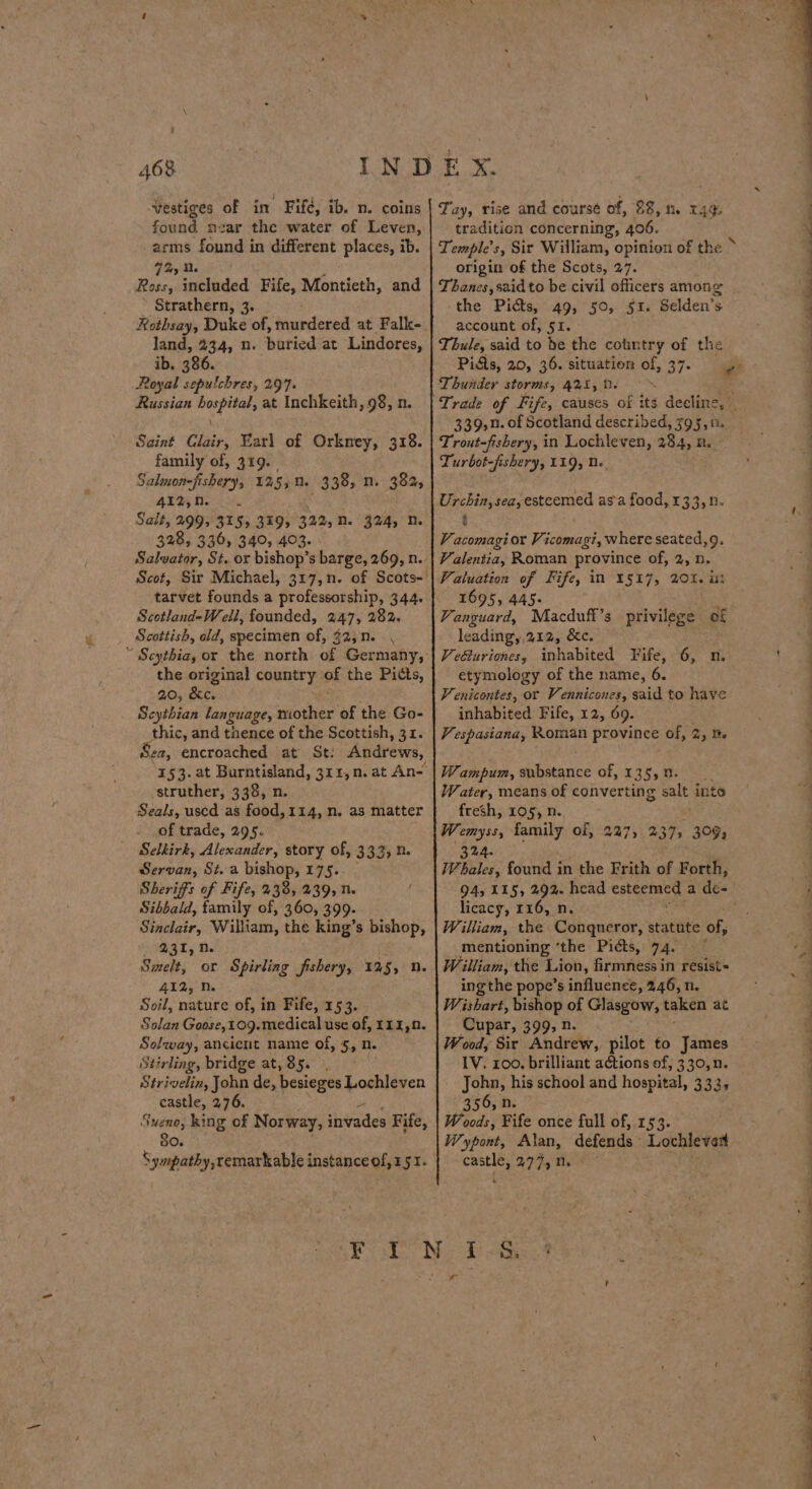 found near the water of Leven, arms found in different places, ib. 7 fy Ne Ro oss, included inci Montieth, and Strathern, 3. Roethsay, Duke of, ‘Moserticeed at Falke. land, 234, n. buried at Lindores, ib. 386. Royal sepulchres, 297. Russian sh at Inchkeith, 98, n. Saint Clair, Earl of Orkney, 318. family of, 319. Salmon-fishery, 125;0. 338, m. 382, ALR Netaide ae Salt, 299; 315; 339, 322, N. 324, n. 328, 336, 340, 403. Salvator, St. or bishop’s barge, 269, n. Scot, Sir Michael, 317,n. of Scots- tarvet founds a professorship, 344. Scotland-Well, founded, 247, 282. the original country of the Pitts, 20, &amp;c. Scythian language, ss ghecy of the Go- thic, and thence of the Scottish, 31. Sza, encroached at St: Andrews, 153. at Burntisland, 311, n. at An- struther, 338, n. Seals, used as food, 114, n. as matter of trade, 295. Selkirk, Alexander, story of, 333, 2 Servan, St..a bishop, 175. Sheriffs of Fife, 138, 239, Ne é Sibbald, family of, 360, 399. Sinclair, William, the king’s bishop, - 231,n. Smelt, or Spirling fishery, 125, 0. 412, 0 Soil, ratte of, in Fife, 153- Solan Goose, 109.medical use of, 11,0. Solway, ancient name of, 5, n. Stirling, bridge at, 85. Strivelin, John de, besieges Lochleven castle, 276. Sueno, king of Norway, jiWvades Fife, 80. Sympathy, remarkable instanceof, 151. tradition concerning, 406. origin of the Scots, 27. the Picts, 49, 50, 51. Selden’s account of, 51. Thule, said to be the country of the Thunder storms, 421, 0. 39,n. of Scotland described, 95, 03. Trout-fishery, in atin 284, 0 As Turbot- spishery, 119, 0 Urchin, sea, esteemed asa food, 133, V acomagi or Pies where seated,9. Valentia, Roman province of, 2, n. Valuation of Fife, in 1517, 2%O%. ist 1695, 445. Vanguard, Macduft’s privilege” of leading,.212, dc. Vedluriones, inhabited Fife, 6, n. etymology of the name, 6. Venicontes, ot Vennicones, said to have inhabited Fife, 12, 69. Vespasiana, Roman province of, 2, tt Wampum, eae of, 135, Water, means of converting salt i int fresh, 105, n rN family Of, 227, 237, 309, 324 ie Whales, found in the Frith of Forth, licacy, 116, n. William, the Conqueror, statute of, mentioning ‘the Picts, 74. William, the Lion, firmness in resist= ing the pope’s influence, 246,n. Wishart, bishop of Glasgow, taken at Cupar, 399, n. Wood; Sir Andrew, pilot to James IV. 100. brilliant actions of, 330,n. John, his school and hospital, 333, 356, n. Woods, Fife once full of, 153. | Wyport, aa defends Lochlevent wae 27%, ec - arr ree es. we . Se de i etal SS ee Se Te et ee