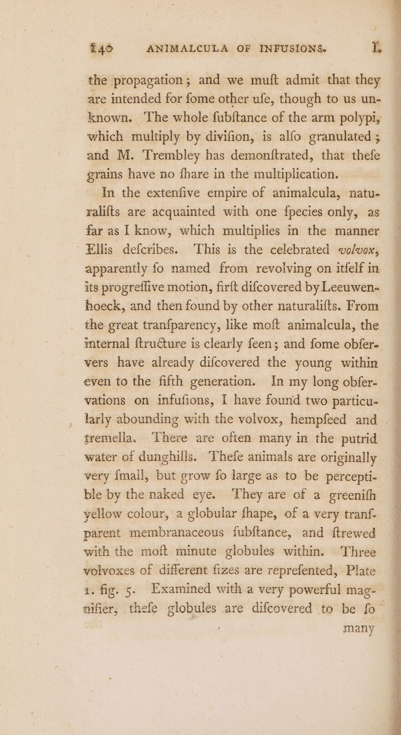 the propagation; and we muft admit that they are intended for fome other ufe, though to us un- known. The whole fubftance of the arm polypi, which multiply by divifion, is alfo granulated ; and M. Trembley has demonftrated, that thefe grains have no {hare in the multiplication. In the extenfive empire of animalcula, natu- ralifts are acquainted with one {pecies only, as far as I know, which multiplies in the manner Ellis defcribes. This is the celebrated volvon, its progreflive motion, firft difcovered by Leeuwen- hoeck, and then found by other naturalifts. From the great tranfparency, like moft animalcula, the mternal itructure is clearly feen; and fome obfer- vers have already difcovered the young within even to the fifth generation. In my long obfer- vations on infufions, I have found two particu- tremella. There are often many in the putrid water of dunghills. Thefe animals are originally very Imail, but grow fo large as to be percepti- ble by the naked eye. They are of a greenith parent membranaceous fubftance, and ftrewed with the moft minute globules within. Three volvoxes of different fizes are reprefented, Plate a. fig. 5. Examined with a very powerful mag- many 5 ee wy Oe ee ee ee ETT Fe cae, ee hq e” eto er a Satan ee pi testa est a