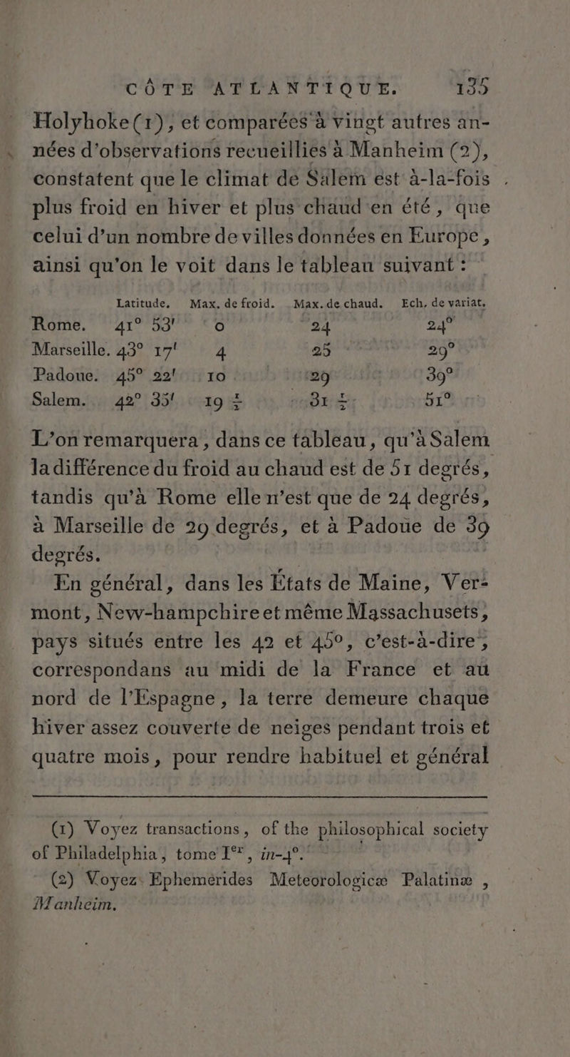 Holyhoke(r), et comparées'à vingt autres an- nées d'observations recueillies à Manheim (2), constatent que le climat de Salem est à-la-fois . plus froid en hiver et plus chaud en été, que celui d’un nombre de villes données en Europe, ainsi qu'on le voit dans le tableau suivant : Latitude, Max. de froid. Max.de chaud. Ech, de variat, Rome. ar 59 e) 24 24° Marseille. 43° 17! 4 25 29° Padoue. 45° 22! 10. 29 39° Salem... 42° 35! 19 + BE 5} di L’on remarquera, dans ce tableau, qu'a Salem la différence du froid au chaud est de 51 degrés, tandis qu'à Rome elle n’est que de 24 degrés, à Marseille de 29 degrés, et à Padoue de 39 degrés. En général, dans les États de Maine, Ver: mont, New-hampchire et mème Massachusets, pays situés entre les 42 et 45°, c’est-à-dire, correspondans au midi de la France et au nord de l'Espagne , la terre demeure chaque hiver assez couverte de neiges pendant trois et quatre mois, pour rendre habituel et général (1) Voy ez transactions , of the philosophical society of Philadelphia , tome I°*, in-4°. | (2) Voyez: Ephemerides Meteorologicæ Palatinæ ,