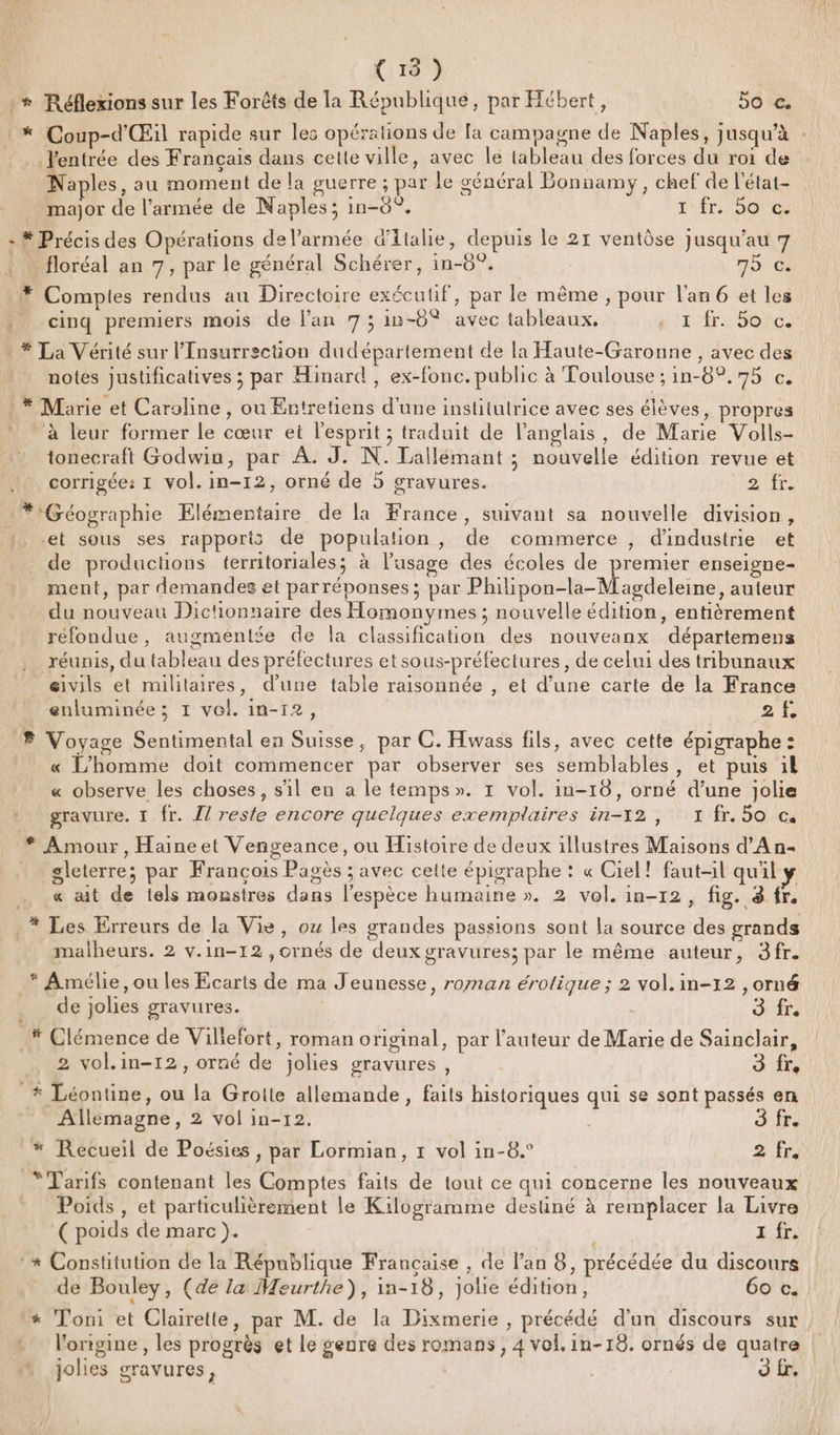 + Réflexions sur les Forêts de la République, par Hébert, So €. :* Coup-d'Œil rapide sur les opérations de [a campagne de Naples, jusqu’à : Ventrée des Français dans cette ville, avec le tableau des forces du roi de Naples, au moment de la guerre ; par Je général Bonnamy, chef de l'état- major de l’armée de Naples; in-8°. L'fr: 3070 : # Précis des Opérations de l’armée d'Italie, depuis le 21 ventôse jusqu’au 7 | … floréal an 7, par le général Schérer, in-6°. nb c: # Comptes rendus au Directoire exécutif, par le même, pour l'an 6 et les . cinq premiers mois de l'an 7 ; in-6® avec tableaux, EN fr) DO RC : *# La Vérité sur l'Insurrscüon dudépartement de la Haute-Garonne , avec des notes justificatives ; par Hinard, ex-fonc, public à Toulouse ; in-8°.75 c. : * Marie et Caroline, ou Entretiens d'une institutrice avec ses élèves, propres &amp; ‘4 \ 3 ? : . , . . à leur former le cœur et l'esprit ; traduit de l'anglais, de Marie Volls- tonecraft Godwin, par À. J. N. Lallémant ; nouvelle édition revue et corrigée: I vol. in-12, orné de 5 gravures. 2 fr *:Géographie Elémentaire de la France, suivant sa nouvelle division, | et sous ses rapports de population, de commerce , d'industrie et _ de productions territoriales; à l’asage des écoles de premier enseigne- ment, par demandes et par réponses; par Philipon-la-Magdeleine, auteur du nouveau Dictionnaire des Homonymes ; nouvelle édition, entièrement réfondue, augmentée de la classification des nouveanx départemens réunis, du tableau des préfectures etsous-préfectures, de celui des tribunaux _ @ivils et militaires, d’une table raisonnée , et d’une carte de la France enluminée ; 1 vol. in-12, £ E 8 Voyage Sentimental en Suisse, par C. Hwass fils, avec cette épigraphe : « L'homme doit commencer par observer ses semblables, et puis il « observe les choses, s'il en a le temps». 1 vol. in-16, orné d’une jolie gravure. 1 fr. {/ reste encore quelques exemplaires in-12, 1 fr. 50 c. * Amour, Haineet Vengeance, ou Histoire de deux illustres Maisons d'An- gleterre; par Francois Pagès ; avec celte épigraphe : « Ciel! faut-il quil y « ait de tels monstres dans l'espèce humaine ». 2 vol. in-12, fig. 8 fr. * Les Erreurs de la Vie, oz les grandes passions sont la source des grands malheurs. 2 v.in-12 ,ornés de deux gravures; par le même auteur, 3fr. * Amélie, ou les Ecarts de ma J'eunesse, roman érotique; 2 vol. in-12 ,orné de jolies gravures. | 3 fr. .# Clémence de Viliefort, roman original, par l’auteur de Marie de Sainclair, . 2 vol.in-12, orné de jolies gravures, 3 fre # Léontine, ou la Grolte allemande, faits historiques qui se sont passés en Allemagne, 2 vol in-r2. 3 fr. * Recueil de Poésies, par Lormian, 1 vol in-8.° 2 fr. * Tarifs contenant les Comptes faits de tout ce qui concerne les nouveaux Poids , et particulièrement le Kilogramme desüné à remplacer la Livre ( poids de marc ). 1 fr. :* Constitution de la République Francaise , de l'an 8, précédée du discours de Bouley, (de la Meurthe), in-18, jolie édition, 60 c. * Toni et Clairette, par M. de la Dixmerie , précédé d’un discours sur l’ortgine , les progrès et le genre des romans, 4 vol. in-18. ornés de quatre jolies gravures, | 9 fr,