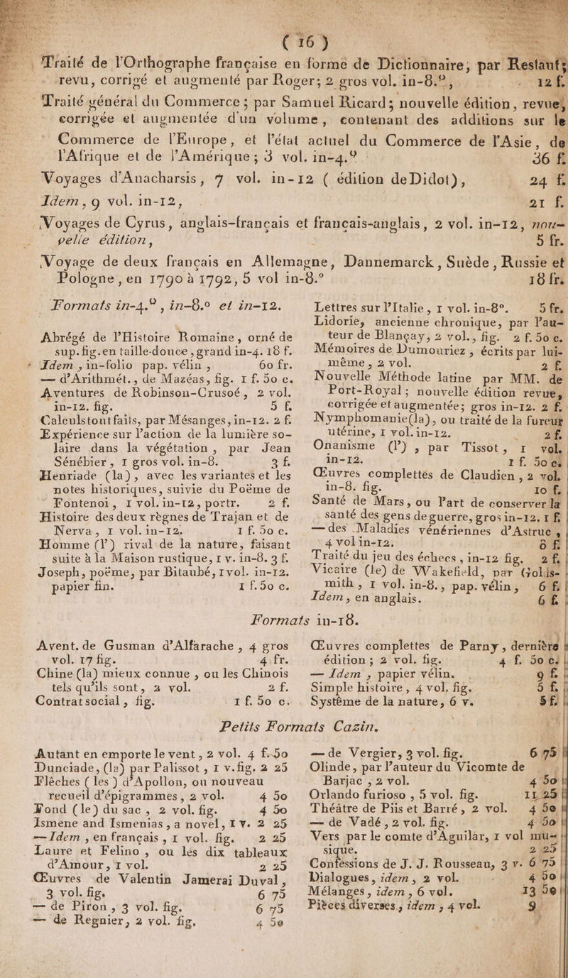 ir izf, Idem, 9 vol. in-12, 36 f 24 f. at # velie édilion, nt À Formats in-4.° ,in-0.° et in-12. Abrégé de l'Histoire Romaine, orné de sup. fig.en taille-douce , grand in-4. 18 f. Idem ,;in-folio pap. vélin, 60 fr. — d’Arithmét., de Mazéas, fig. I f. 50 c. Aventures de Robinson-Crusoé, 2 vol. in-12. fig. 5 É. Calculstout faits, par Mésanges, in-12. 2 f. Expérience sur l’action de la lumière so- laire dans la végétation , par Jean Sénébier, I gros vol. in-6. 26 Henriade (la), avec les variantes et les notes historiques, suivie du Poëme de ” Fontenoi, I vol.in-12, portr. DE à Histoire des deux règnes de Trajan et de Nerva, 1 vol.in-12. E.f, 90.6, Homme (l) rival de la nature, faisant suite à la Maïson rustique, 1 v.in-8. 3 f Joseph, poëme, par Bitaubé, 1 vol. in-r2. papier fin. l'E S0 0 Avent.de Gusman d’Alfarache , 4 gros vol. 17 fig. AT. Chine (la) mieux connue , ou les Chinois tels qu’ils sont, 2 vol. a Contratsocial , fig. 1f. 50 c, Autant en emporte le vent, 2 vol. 4 f.50 Dunciade, (la) par Palissot , 1 v.fig. 2 25 Flèches ( les ) d’Apollon, ou nouveau recueil d’épigrammes, 2 vol. 4 50 Fond (le) du sac, 2 vol. fig. 4 50 Ismene and Ismenias , a novel, I V. 2 25 — Îdem , en français , 1 vol. fig. 2 25 Laure et Felino , ou lés dix tableaux d'Amour, ï vol. 2 29 Œuvres de Valentin Jamerai Duval, . 3 vol. fig, 6 75 — äe Piron , 3 vol. fig. 6 75 — de Regnier, 2 vol. fig, 4 5e 18 fr. Lettres sur PItalie , r vol. in-8°. o fr. Lidorie, ancienne chronique, par lau- teur de Blançay, 2 vol., fig. 2f.5oc. Mémoires de Dumouriez, écrits par lui- même , 2 vol. 2£ Nouvelle Méthode latine par MM. de Port-Royal; nouvelle édition revue, corrigée etaugmentée; gros in-12. 2 £. Nymphomanie(la), ou traité de la fureur utérine, I vol.in-12. L£ | Onanisme (l) , par Tissot, r vol. in-12. 1f. 50e Œuvres complettés de Claudien , 2 vol, in-6. fig. 10 f. Santé de Mars, ou l’art de conserver la santé des gens de guerre, grosin-12,18 — des Maladies vénériennes d’Astruc 4 volin-12, 6 f Traité du jeu des échecs , in-12 fig. : AR Vicaire (le) de Wakeñeld, par Golds- mith , I vol. in-8., pap. vélin, 6f| Idem , en anglais. 6€. Œuvres complettes de Parny, dernière édition ; 2 vol. fig. 4-f. 5o ci | — Idem , papier vélin. , of Simple histoire, 4 vol, fig. OR | Systême de la nature, 6 v. 5f, | 675 — de Vergier, 3 vol. fig. Olinde, par l’auteur du Vicomte de Barjac , 2 vol. 4 50 Orlando furioso , 5 vol. fig. 11 25 Théâtre de Pis et Barré, 2 vol. 4 5e — de Vadé, 2 vol. fig. 4 5o Vers par le comte d’Aguilar, 1 vol mu sique. 2229 Conféssions de J. J. Rousseau, 3 v. 6 75 || Dialogues, idem, 2 vol. 490 Mélanges , idem , 6 vol. 13 5e | Pièces diverses, 2dem , 4 vel. 9. à # | | | JE