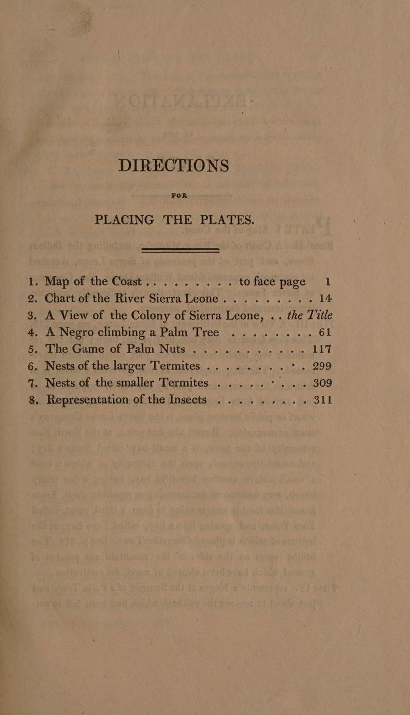 DIRECTIONS PLACING THE PLATES. Bt 2. Chart of the River SierraLeone......... 14 3. A View of the Colony of Sierra Leone, .. the Tile 4. A Negroclimbing a Palm Tree ........ 61 5. The Game of Palm Nuts... ......... «1+ 117 6. Nests of the larger Termites........°. 299 7. Nests of the smaller Termites ..... + ls aia OO 8. Representation of the Insects ......... 311
