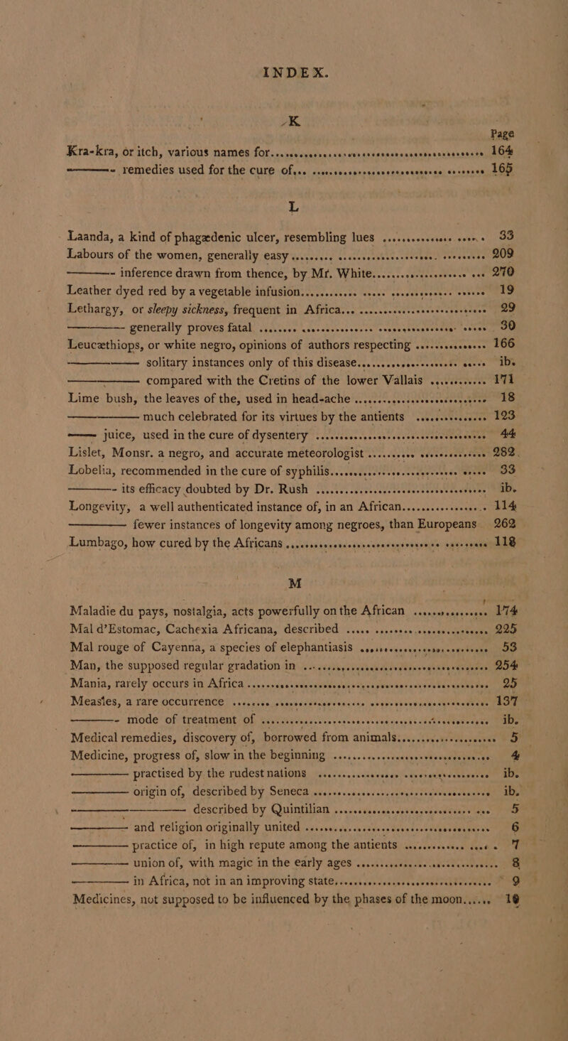 f VK Kra-kra, or itch, various names for... TUVETIVIURT EEC ERE UTE e eee) re ere ad remedies used for the cure of... ecoecvoscorosecoerceesesores ooserees L Laanda, a kind of phagadenic ulcer, resembling Iles .....seeseesere seems Labours of the women, generally easy ....e.s0. esessseceeecesesteee. seeeeeees ~ inference drawn from thence, by Mr. Ve hite 2.7 null he ves Leather dyed red by a vegetable infUusion............ soscs sosssceseees opevce Lethargy, or sleepy sickness, frequent in Africa... ....ceceeeceseereeesererene htt generally proves fatal ......65 ccecseves seeace ee cecgeeecsescee: eseee Leucethiops, or white negro, opinions of authors respecting ..-..sssseeeees solitary instances only of this diseasé......sssesesssssenes eaeee - compared with the Cretins of the lower Vallais ..........4+ Lime bush, the leaves of the, used in head-ache .......seesssscesseeveceeeee much celebrated for its virtues by the antients ......s+sseeee —— juice, used in the cure of dysentery .. saecnpocensccecsccceneeuseeures Lislet, Monsr. a negro, and accurate massopelont ; Lobelia, recommended in the cure of sy DRilie. eae, Beene seeee - its efficacy doubted by Dr. Rush ........cseececcsoeeececsenecceeeecs Longevity, a well authenticated instance of, in an African.........-ssss00. fewer instances of longevity among negroes, than Europeans Lumbago, how cured by the Africans ...cssssersssessesnseceervenee ce sosecoane M Maladie du pays, nostalgia, acts powerfully onthe African ......00. Mal'd’ Estomac, Cachexia Africana,’ described: &lt;...0:.sncveen,oessexcnsaneeen Mal rouge of Cayenna, a species of elephantiasiS .sosseseseeeseesor ers Man, the supposed regular gradation in ....... ep evesenasesneassceascensenseees Mania, rarely occurs in Africa Ian Cre! Bye Measies, a rare OCCUITENCE «s..eres erat yd Mae eecere COO HRT HEE SEOH SORE EEEEDOOD © SCbesooeeosaonserotoessee - mode of treatment of ........ seceecer eens hoes votes ash Medical remedies, discovery of, borrowed from animals......s..s-scseseeees Medicine, progress of, slow in the beginning .......s.ssssesseeceeseererences practised by the rudest mations .........sseeeeee origin of, described by Seneca ... steserseneeereeseoncscnceoes described by Quinitian nesleccndvepdienvscs - and religion originally united .....0-ssccsscreseveeesceesseasconceres practice of, in high repute among the antients .......... union of, with magic in the early ages ........ in Africa, not in an improving state..........0.. mis bnacueevapneeget ve Medicines, not supposed to be influenced by the phases of the moon...... easereces$seveceres