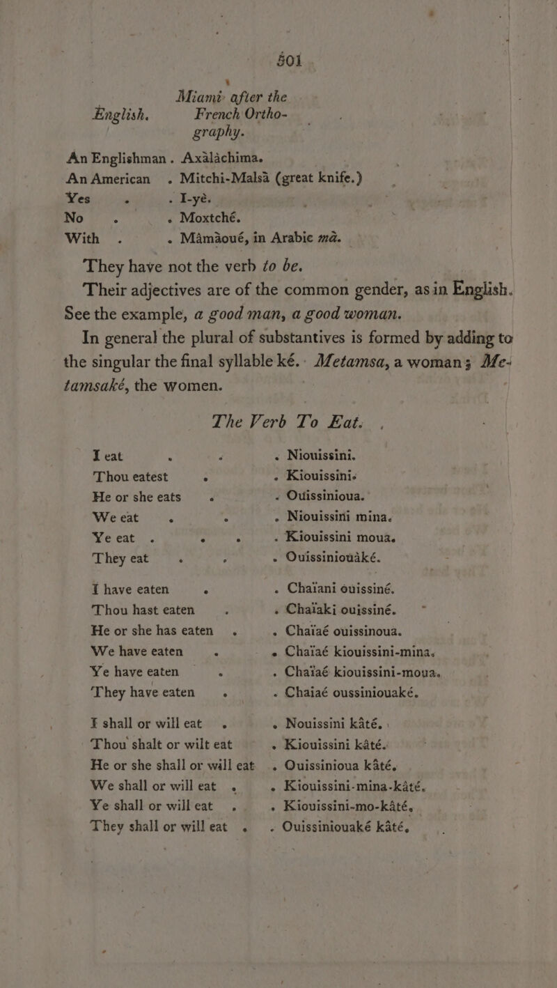 L Miami afier the English. French Ortho- graphy. An Englishman. Axalachima. An American . Mitchi-Malsa (great Bi ) Yes . . I-yé. No : « Moxtché. With . - Mâmäoué, in Arabic ma. They have not the verb Zo be. Their adjectives are of the common gender, asin English. See the example, a good man, a good woman. In general the plural of substantives is formed by adding to the singular the final syllable ké.. Metamsa,a woman; Me- tamsaké, the women. The Verb To Eat: , I eat . ‘ « Niouissini. ‘Thou eatest = . Kiouissini. He or she eats ¢ « Ouissinioua. We eat 2 : . Niouissini mina. Yeeat . ; . Kiouissini moua. They eat ‘ , Ouissiniouaké. Ï have eaten k . Chaïani ouissiné. ‘Thou hast eaten + Chaïaki ouissiné. He or she has eaten . . Chaïaé ouissinoua. We have eaten : e Chaïaé kiouissini-mina. Yehaveeaten . . Chaïaé kiouissini-moua, They haveeaten . Chaiaé oussiniouaké. ¥ shall or willeat , Nouissini kâté. : Thou shalt or wilt eat . Kiouissini kâté. He or she shall or will eat . Quissinioua katé. We shall or willeat . . Kiouissini-mina-katé, Ye shall or willeat . . Kiouissini-mo-kâté. | They shall or will eat . . Ouissiniouaké kâté,