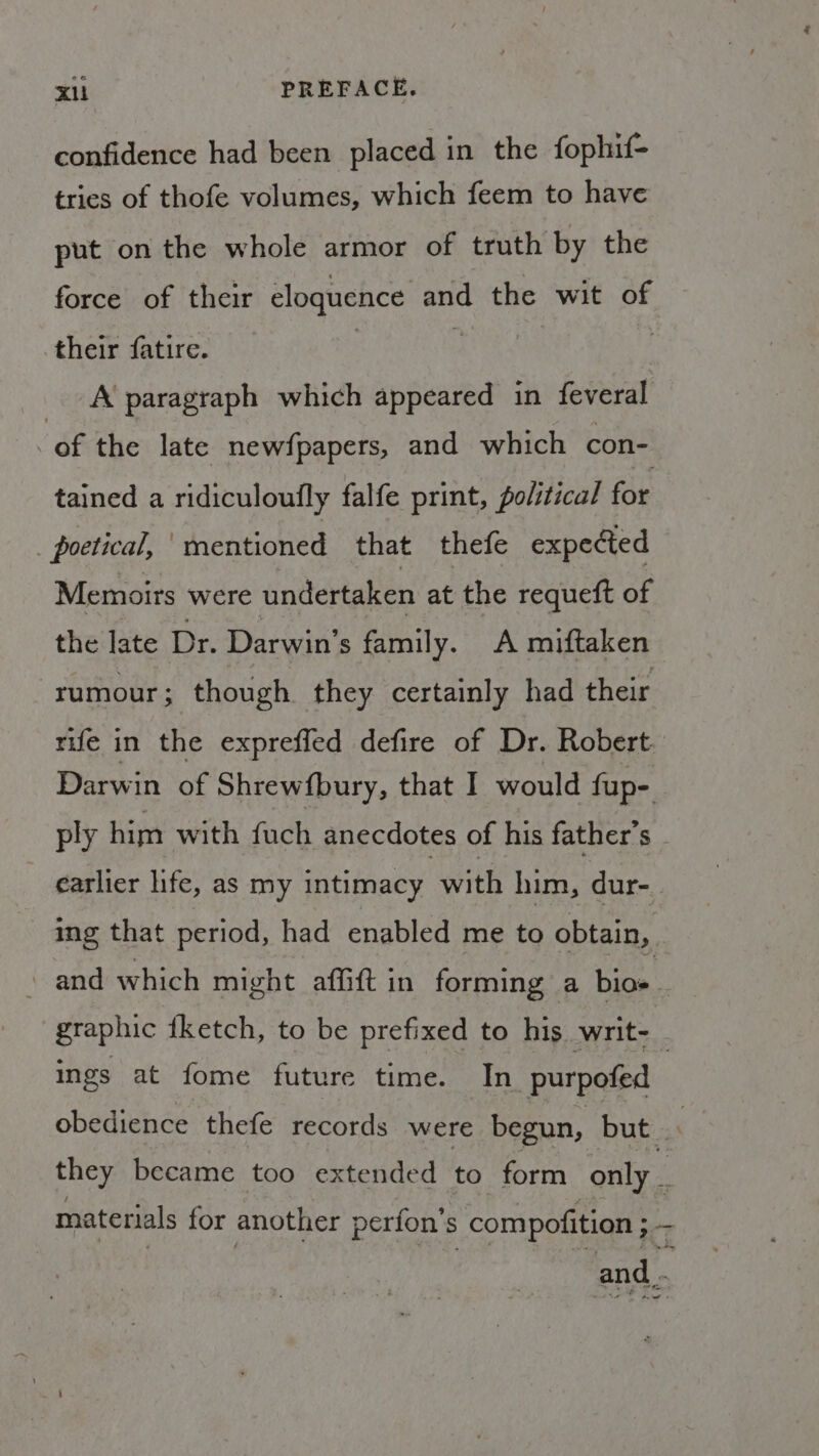 confidence had been placed in the fophif- tries of thofe volumes, which feem to have put on the whole armor of truth by the force of their eloquence and the wit of their fatire. | 3 | A paragraph which appeared in feveral -of the late newfpapers, and which con- tained a ridiculoufly falfe print, polstical for _ poetical, ‘mentioned that thefe expected Memoirs were undertaken at the requeft of the late Dr. Darwin's family. &lt;A miftaken rumour; though they certainly had their rife in the expreffed defire of Dr. Robert Darwin of Shrewfbury, that I would fup- ply him with fuch anecdotes of his father’s earlier life, as my intimacy TEE him, dur- ing that period, had enabled me to obtain, and which might affift in forming a bios graphic {ketch, to be prefixed to his writ- : ings at fome future time. In_purpofed obedience thefe records were begun, but . they became too extended to form only _ materials for another perfon’s compofition ; - and. a