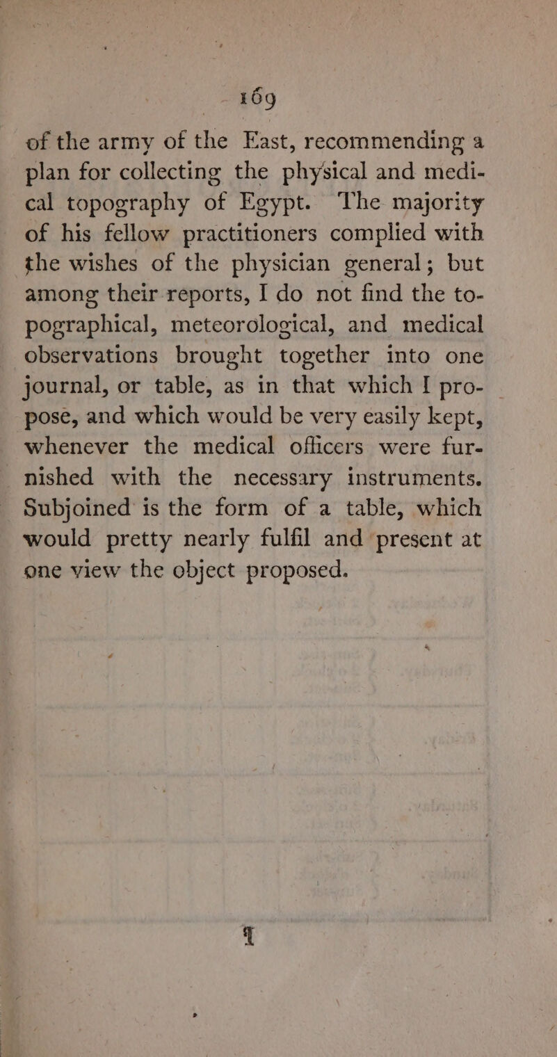 of the army of the East, recommending a plan for collecting the physical and medi- cal topography of Egypt. ‘The majority of his fellow practitioners complied with the wishes of the physician general; but among their reports, I do not find the to- pographical, meteorological, and medical observations brought together into one journal, or table, as in that which I pro- pose, and which would be very easily kept, whenever the medical officers were fur- nished with the necessary instruments. Subjoined is the form of a table, which would pretty nearly fulfil and present at one view the object proposed.