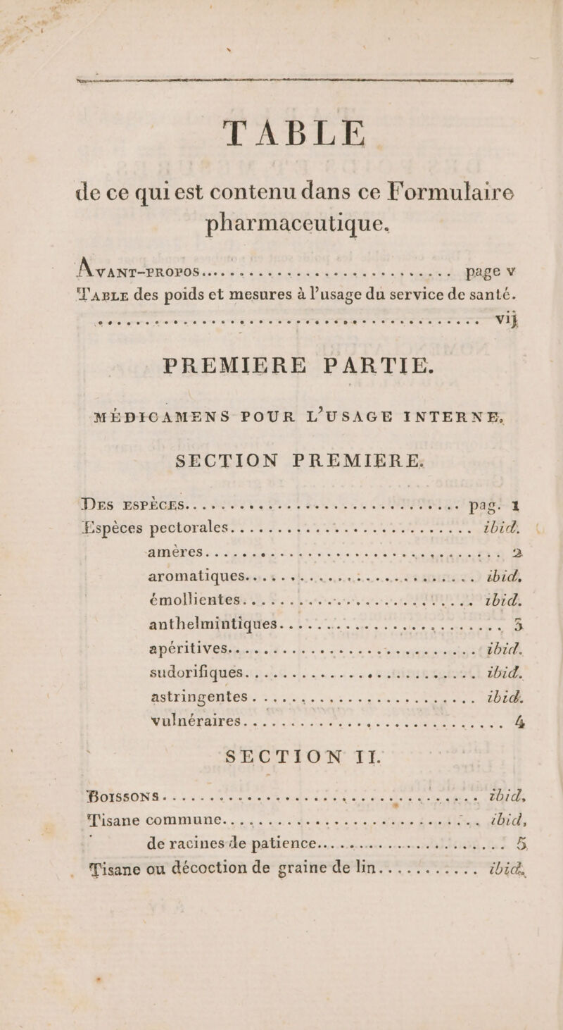 de ce quiest contenu dans ce Formulaire pharmaceutique. Avanr-eroros PNR EN SR RP RPIERTIE RE page v l'AgLE des poids et mesures à à l'usage du service de santé. 94 1 ca nt cms M pesseereees NS PTT TT vi PREMIERE PARTIE. MÉDICAMENS POUR L'USAGE INTERNE, SECTION PREMIERE. Tes -vsPhae: : à os DOTE, CNE pag. 1 Espècés pectorales:. .....:.1.. SAME NT pe bit, amêres...... Me LENS dia 3720 UE PORC 2 aromatique. sh uno. CORRE ibid, émollientes.......... PORN Li |: LE UREE* 1bid. ANThCANPATIQMES 17... ie Le SUN EE à . à ME NRSSs. E - de rtimdehé ibid. SuorMQuEm nr ne à 3 cine io ibid. astringentes D PS M MAR ERA oo à bi. vulnéraires............. ns LT OMR TU a &amp; SECTION II MORONS : 1. Rider ed Le ROPEX REC ETTT zbid, HPiiane commane.. sde, Ne DATE ass LU, de racines le patience... ... mc MR. Les 5 Tisane ou décoction de graine de lin........... bia.