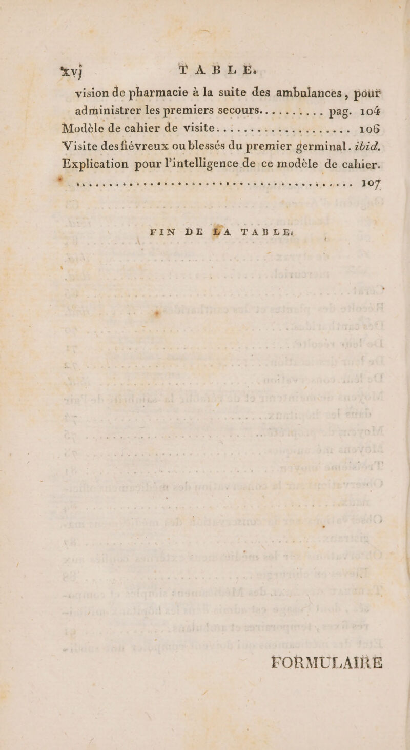 © À BL E: XV} vision de pharmacie à la suite des ambulances, pour administrer les premiers secours...... .... pag. 104 106 1% © © + 2 BTS NS QU ss = ss Modèle de cahier de visite | Visite desfiévreux ou blessés du premier germinal. sbid. Explication pour l'intelligence de ce modèle de cahier. veu... 107 . CR FIN DE #Ÿ#A TABLE: FORMULAIRE