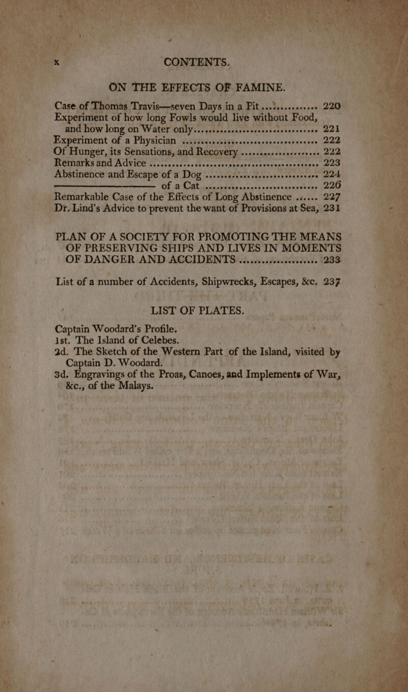 ‘ t * ‘CONTENTS. ON THE EFFECTS OF. FAMINE. Case of Thomas Travis—seven Days in a Pit ...!...-.0e+008 220° Experiment of how long Fowls ‘would live without Food, and how long on Water as Experiment of a Physician ...iscecssossaesceseececescescesses LLZ Of Hunger, its Sensations, and Recovety rn » 222 MORAY RS Ch GVICE eons icesre de soareerenente at eesivrs ces ckaper -2oe Abstinence and Escape of a Dog ......siescesceserscecvesesene 224 + OE A iBhiseck tela areas) sees eastivebelty teat _ Remarkable Case of the Effects of Long Abstinence ...... 227 _ Dr. Lind’s Advice to prevent the want of Provisions at sis 231 , ae: PLAN OF A SOCIETY I FOR PROMOTING THE MEANS OF PRESERVING SHIPS AND LIVES IN MOMENTS. OF DANGER AND ACCIDENTS. vewevied Mwrawere lets 233. ; Se AUataial ste lnees hand tbeseeeda 221 List of a number of Aeriaesty, ren i gitiaeay Escapes, &amp;e. 237 ¢ , LIST OF PLATES. Captain Woodard’s Profile. — | fe, Bee ist. The Island of Celebes. 2d. The Sketch of the Western Part of the Island, visited by Captain D. Woodard. - 3d. Engravings of the Proas, Canoes, and ga kane of War, | ead of the Pays } |