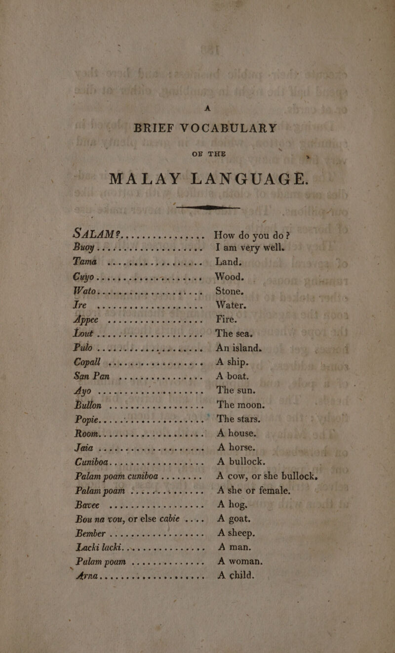 BRIEF VOCABULARY OB THE » MALAY LANGUAGE. SALAM Py + vite pied Rae eiolate How do you do? Bis BG ONS TON I am very well. Fai): if. iash 59. dig. Land. : ETON TER NORA ate Yee 3 | Stone. TPE seb CU ics ao eee .. Water. BE a aaa ai A x Fire. BRB ES AERTS, 99s The sea. Ballot’. 90 $. kod aie. Oates cd Baeaglands Capall os'n)e casio ova b Asie ae ¢ A ship. ED. et IE PEO A boat. NEED foo at a od hie Soe asset's i The sun. © lui lati Alba The moon. Popie..... a ey ee GN The stars. S ROGRLTAN0GY. BPO Lae: A house. Fite pak ah. hh vem sige A horse. A Re a ey ys, A DULIOCK, Palam poam cuniboa ........ A cow, or she bullock. Palam poam :...+.. ts see A she or female. BOE Bee na kis eps 6 A hog. . Bou na wou, or else cabie A goat BEB eT ON iene ed b&gt; nbn lai A sheep athe LOCKS ses \p.0'gm &amp; &gt; ane vb A man. _Palam poum ......+++- +5. A woman. WENGE oc'ac ses bi RAN See ee ek Chied. wee