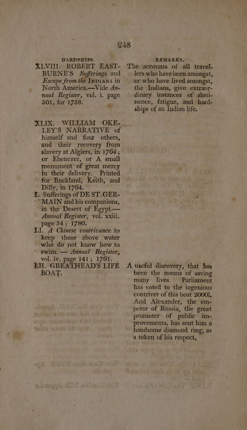 HARDSHIPS. XLVII. ROBERT EAST- BURNE’S § Sufferings and North America.—Vide An- nual Register, vol. 1. page 301, for 1758. XLIX. WILLIAM OKE-.- LEY’S NARRATIVE of himself and four others, and their recovery from slavery at Algiers, in 1764; monument of great mercy ~ jn their delivery. Printed for Buckland, Keith, and Dilly, in 1764. L.. Sufferings of DE ST.GER- “MAIN and his companions, in the Desert of Egypt.— Annual Register, vol. xxiii. - page 54; 1780. Ll. A Chinese contrivance to keep those above water who do not know how to, swim. — Annual Register, vol. iv. page 141; 17061. REMARKS.’ lers who have been amongst, or who have lived amongst, the Indians, give extraor- dinary instances of’ absti- nence, fatigue, and hard- ships of an Indian life. BOAT. been the means of saving many lives. Parliament has voted to the ingenious contriver of this boat 2000L And Alexander, the em- promoter of public im- provements, has sent him a handsome diamond ring, as a token of his respect,