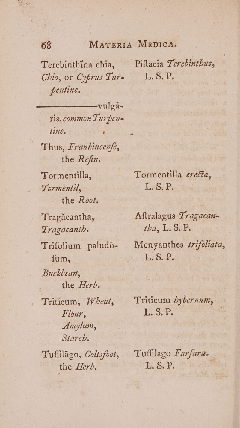 Terebinthina chia, Piftacia Terebinthus, Chio, or Cyprus Tur- Leo. bs pentine. ee vulga- ris, common Turpen= fine. ; Thus, Frankincenfe, the Refiz. Tormentilla, Tormentilla ereéfa, ZT ormentil, aba D. the Roof, Tragacantha, Aftralagus Zragacan- 7 ragacanib. tha, L. S. P. Trifolium paludo- ^ Menyanthes 77ifo/iata, fum, gy Wd SB, Buckbean, the Herb. . Triticum, Wheat, Triticum bybernum, Flour, L. 3. P. Amylum, Starch. Tuffilàgo, Coltsfoot, — Tufflago Farfara. — the Herb. LE. 8; F. d