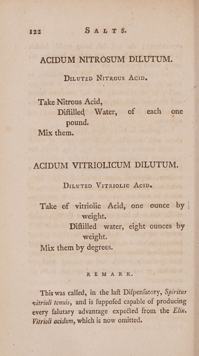 ACIDUM NITROSUM DILUTUM. Ditutep Nitrous ACID. Take Nitrous Acid, Diftilled Water, of each one pound. | Mix them. | ACIDUM VITRIOLICUM DILUTUM. DinvTrED ViTRIOLIC ACIDe Take of vitriolic Acid, one ounce by , weight. Diftilled water, sins ounces by weight. Mix them by degrees. REMAR KE. This was called, in the laft Difpenfatory, Spiritus witrioli tenuis, and is fuppofed capable of producing every falutary advantage expected from the Elix. Vitrioli acidum, which is now omitted.