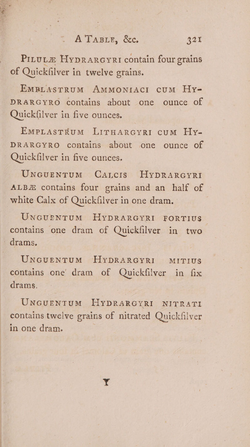 Pitutz HypnAROGYRI contain four grains of Quickfilver in twelve grains. EwmrLAsTRUM AMMONIACI cUM Hy- DRARGYRO contains about one ounce of Quickfilver in five ounces. EMwPLAsTEUM LITHARGYRI cuM Hy- DRARGYRO contains about one ounce of Quickfilver in five ounces. UNGUENTUM Carcis HypDRARGYRI ALBJE contains four grains and an half of white Calx of Quickfilver in one dram. UwcusNTUM HYDRARGYRI FORTIUS contains one dram of Quickfilver in two drams. UNGUENTUM HyDRARGYRI MITIUS contains one dram of Quickfilver in fix crams. UNGUENTUM HyYDRARGYRI NITRATI contains twelve grains of nitrated Quickfilver in one dram. ;