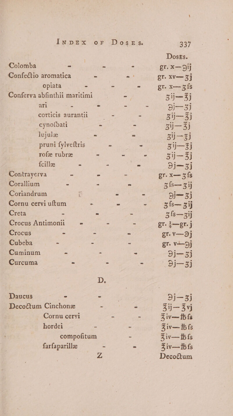 Colomba - Confetio aromatica - opiata - Conferva abfinthii maritimi ari x - corticis aurantil cynofbati - lujule  pruni fylveftris rofz rubrz ^ {cillze - Contrayerva - * Corallium E - Coriandrum 3 Cornu cervi uftum - Creta = a Crocus Antimonii - Crocus - - Cubeba - - Cuminum - - Curcuma - Daucus ^ - Cornu cervi hordei x compofitum farfaparillze 337 Doses. gr.x—9ij gr. XV— 5] gr. x— 5 fs Zij— 5 j 8j—5j 31— 3j 5j— 3j 3-353 33j—3]j 31— 3j 915] gr. x— 5 fs 515— 5ij 9j-— 5j 5fs— 5ij 315—5ij gr. j—8r.j gr.v—3]j gr. v—5j 93)7—3] .9j—5j 9j—3j 3ij— 3vj Z iv Ib fs 4 iv— Ib fs Ziv— lb fs Ziv—i1bís Decoctum