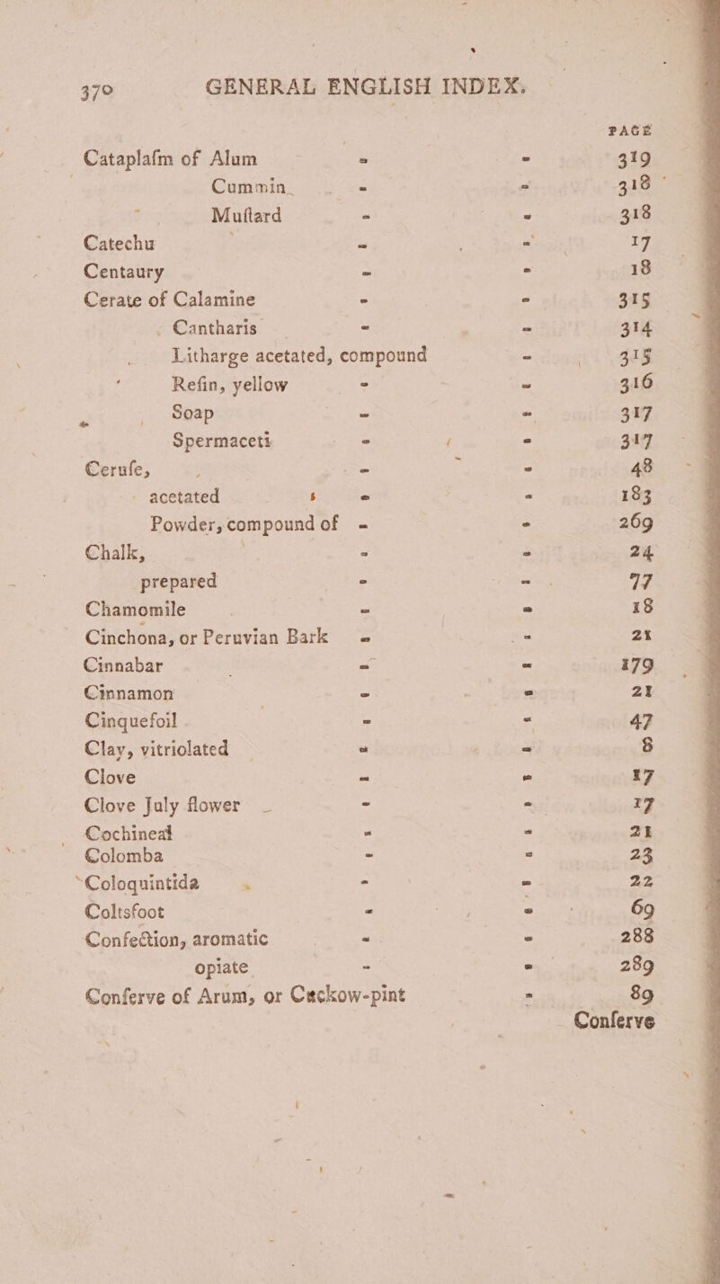 * 370 GENERAL ENGLISH INDEX. | PAGE Cataplafm of Alum  - 319 . Cummin . = = 318 © ery Muftard - 27 318 Catechu e ears 17 Centaury - - 18 Cerate of Calamine - - 315 (Canthars « |. = - 314 Litharge acetated, compound - 41 gag Refin, yellow - - 316 2 Soap SE = 317 Spermaceti v ; . 217 Cerufe, cx 3 x 48 - acetated s © - 183 Powder, compound of - - 269 Chalk, : - 24 prepared - qoe 7 Chamomile . - - 18 Cinchona, or Peruvian Bark — | 3 2% Cinnabar = - 179 Cinnamon a) . - 2l Cinquefoil ! : - 47 Clay, vitriolated - - 8 Clove - = 17 Clove July flower _ - - 17 Cochineal : - 21 Colomba - - 23 Coloquintida — . e - 22 Coltsfoot - dm e^ 69 Confection, aromatic | - - 288 | opiate - - 289 Conferve of Arum, or Cackow-pint = 89 | . Conferve N