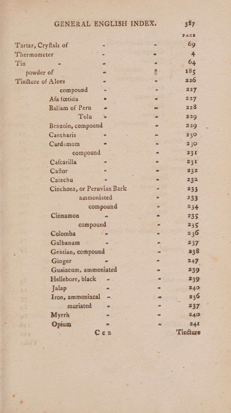 Thermometer “ Tin z » powder of - Tin&amp;ure of Aloes - | compound = Afa feetida - Balíam of Peru - Tol * Benzoin, compound . Cantharis - Cardamom - compound Cafcarilla - . Caftor - Catechu - Cinchona, or Peruvian Bark ammoniated . compound Cinnamon - compound Colomba ^. Galbanum © Gentian, compound Guaiacum, ammoniated Jalap - lron, ammoniacal -. -muriated 2 Myrrh t Opium © Cco 64 185 226 227 227 228 229 229 240 . 230 231 235 232 232 233 233 234 235 235 236 237 238 247 239 239 240 236 237 240 24.8 Tin&amp;ure