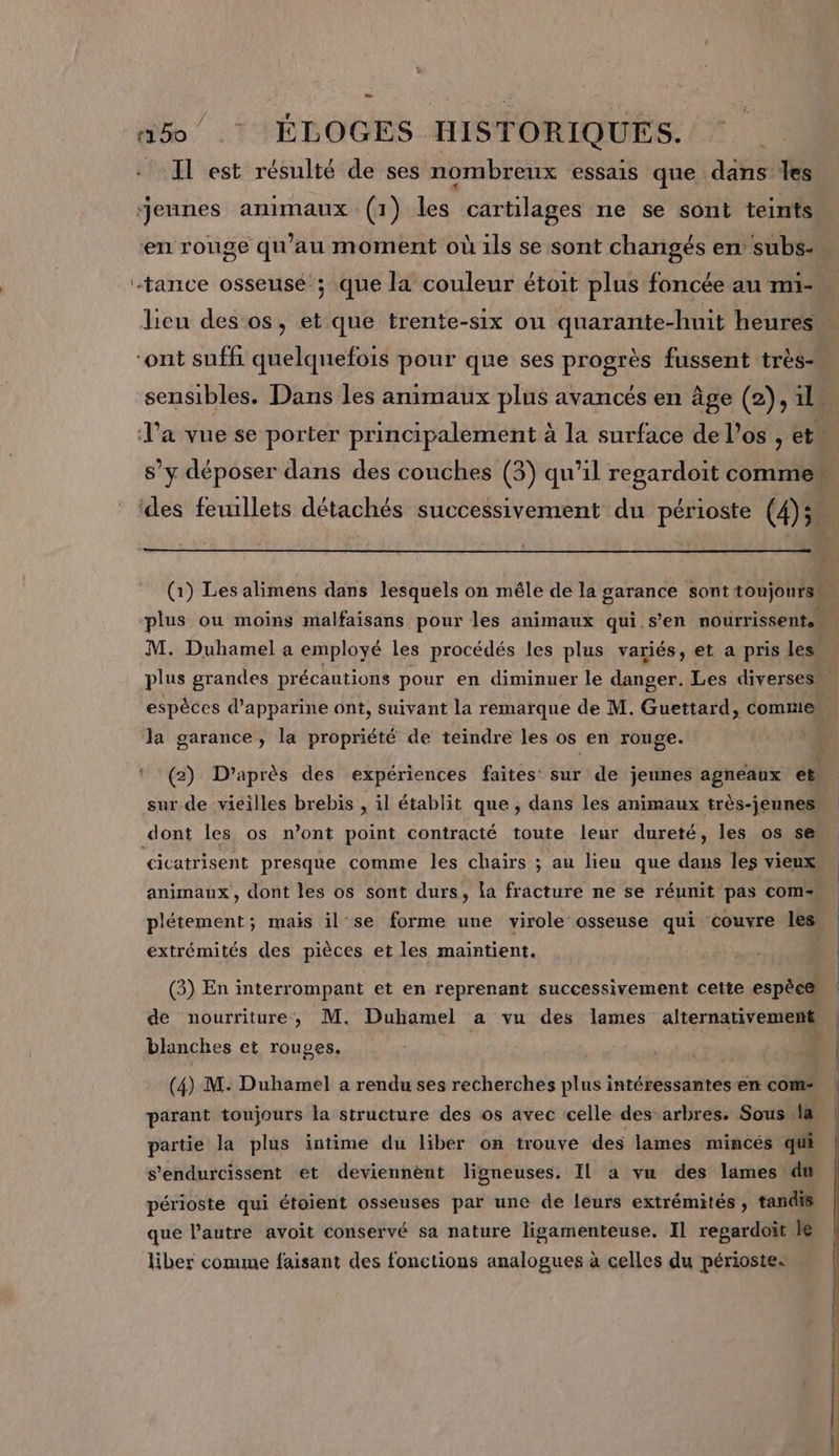 ‘Il est résulté de ses nombreux essais que dans les jeunes animaux (1) les cartilages ne se sont teints en rouge qu'au moment où ils se sont changés en subs-_ “tance osseuse ; que la couleur étoit plus foncée au mi- lieu des os, et que trente-six ou quarante-huit heures “ont suffi quelquefois pour que ses progrès fussent très- sensibles. Dans les animaux plus avancés en âge (2), 1l l'a vue se porter principalement à la surface de l'os , ets s’y déposer dans des couches (3) qu’il regardoit commen ‘des feuillets détachés successivement du périoste (4); (1) Les alimens dans lesquels on mêle de la garance sont toujours plus ou moins malfaisans pour les animaux qui s’en nourrissent. M. Duhamel a employé les procédés les plus variés, et a pris les plus grandes précautions pour en diminuer le danger. Les diverses espèces d’apparine ont, suivant la remarque de M. Guettard, comme Ja garance, la propriété de teindre les os en rouge. : (2) D'après des expériences faites sur de jeunes agneaux eë sur de vieilles brebis , il établit que , dans les animaux très-jeunes dont les os n’ont point contracté toute leur dureté, les os se éicatrisent presque comme les chairs ; au lieu que dans les vieux animaux, dont les os sont durs, la fracture ne se réunit pas com: plétement; mais il'se forme une virole osseuse qui “couvre les extrémités des pièces et les maintient. (3) En interrompant et en reprenant successivement cette espèce de nourriture, M. Duhamel a vu des lames alternativement blanches et rouges. | | (4) M: Duhamel a rendu ses recherches plus intéressantes en com= parant toujours la structure des os avec celle des-arbres. Sous la partie la plus intime du liber on trouve des lames mincés qui. | s'endurcissent et deviennent ligneuses. Il a vu des lames du périoste qui étoient osseuses par une de leurs extrémités , tandis que l’autre avoit conservé sa nature ligamenteuse. Il regardoït le liber comme faisant des fonctions analogues à celles du périoste.