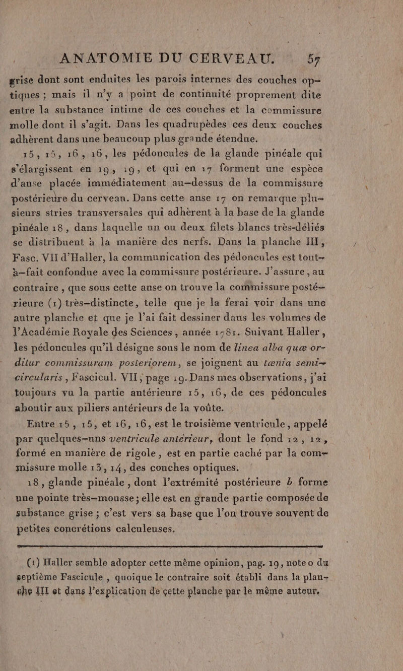 grise dont sont enduites les parois internes des couches op- tiques ; mais il n’y a point de continuité proprement dite entre la substance intime de ces couches et la commissure molle dont il s’agit. Dans les quadrupèdes ces deux couches adhèrent dans une beaucoup plus grande étendue. 15,15, 16, 16, les pédoncules de la glande pinéale qui s'élargissent en 193 19, et qui en 17 forment une espèce d’anse placée immédiatement au-dessus de la commissure postérieure du cerveau. Dans cette anse 17 on remarque plu- sieurs stries transversales qui adhèrent à la base de la glande pinéale 18, dans laquelle un ou deux filets blancs très-déliés se distribuent à la manière des nerfs. Dans la planche HF, Fasc. VII d'Haller, la communication des pédoneules est tout- àa—fait confondue avec la commissure postérieure. J’assure , au contraire , que sous cette anse on trouve la commissure posté— rieure (1) très-distincte, telle que je la ferai voir dans une autre planche et que je l’ai fait dessiner dans les volumes de l’Académie Royale des Sciences , année 1781. Suivant Haller, les pédoncules qu’il désigne sous le nom de linea alba quæ or- dilur commissuram posteriorem, se joignent au {ænrta semi circularts , Fascicul. VIT, page :9.Dans mes observations, j’ai toujours vu la partie antérieure 15, 16, de ces pédoncules aboutir aux piliers antérieurs de la voûte. Entre 15, 15, et 16, 16, est le troisième ventricule, appelé par quelques-uns ventricule antérieur, dont le fond 12, 12, formé en manière de rigole, est en partie caché par la com- missure molle 13, 14, des couches optiques. 18, glande pinéale , dont l’extrémité postérieure à forme une pointe très-mousse ; elle est en grande partie composée de substance grise ; c’est vers sa base que l’on trouve souvent de petites concrétions calculeuses. (1) Haller semble adopter cette même opinion, pag. 19, noteo du septième Fascicule , quoique le contraire soit établi dans la plan- che III et dans l’explication de çette planche par le même auteur.